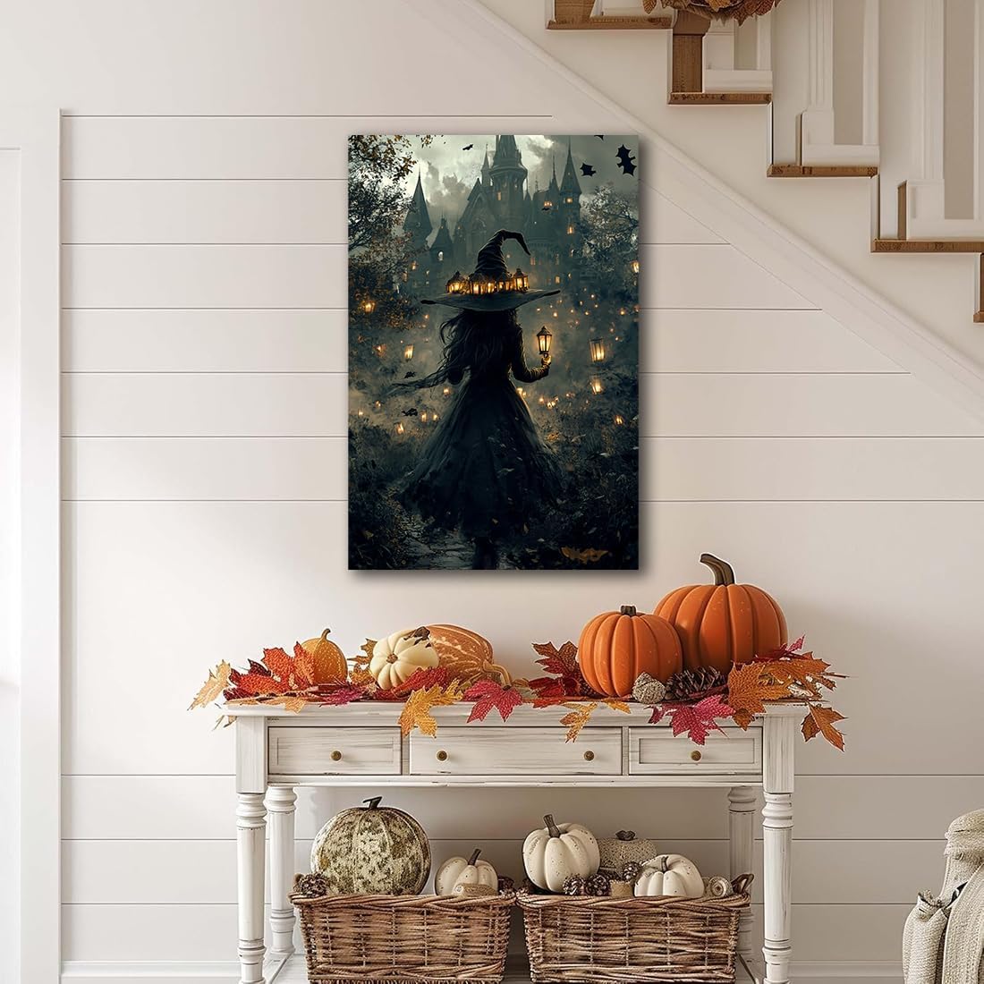 Halloween Witch and Haunted House Canvas Wall Art,Dark Academia Scary Witch Castle Posters Prints,Thriller Horror Gothic Wall Decor Pictures for Halloween Party House Decoration,16"x24" Unframed