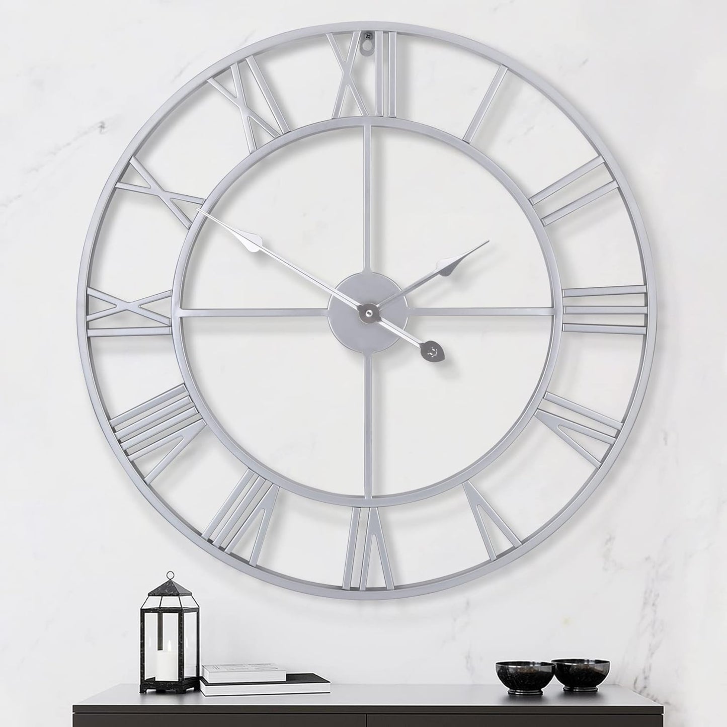 LEIKE 32" Large Modern Wall Clocks,Vintage,Round,Nearly Silent,Little Ticking,Battery Operated,Silver Metal Roman Numerals Clock for Living Room/Bedroom/Kitchen Wall Decor