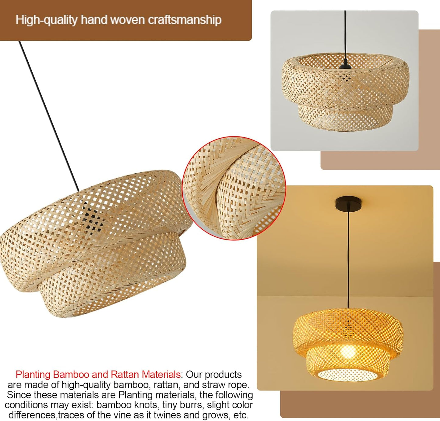 Bamboo Pendant Light Boho Rattan Hanging Light 17.7" Hand Woven Wicker Chandelier for Kitchen Island for Kitchen Island Dining Bedroom Living Room Restaurants