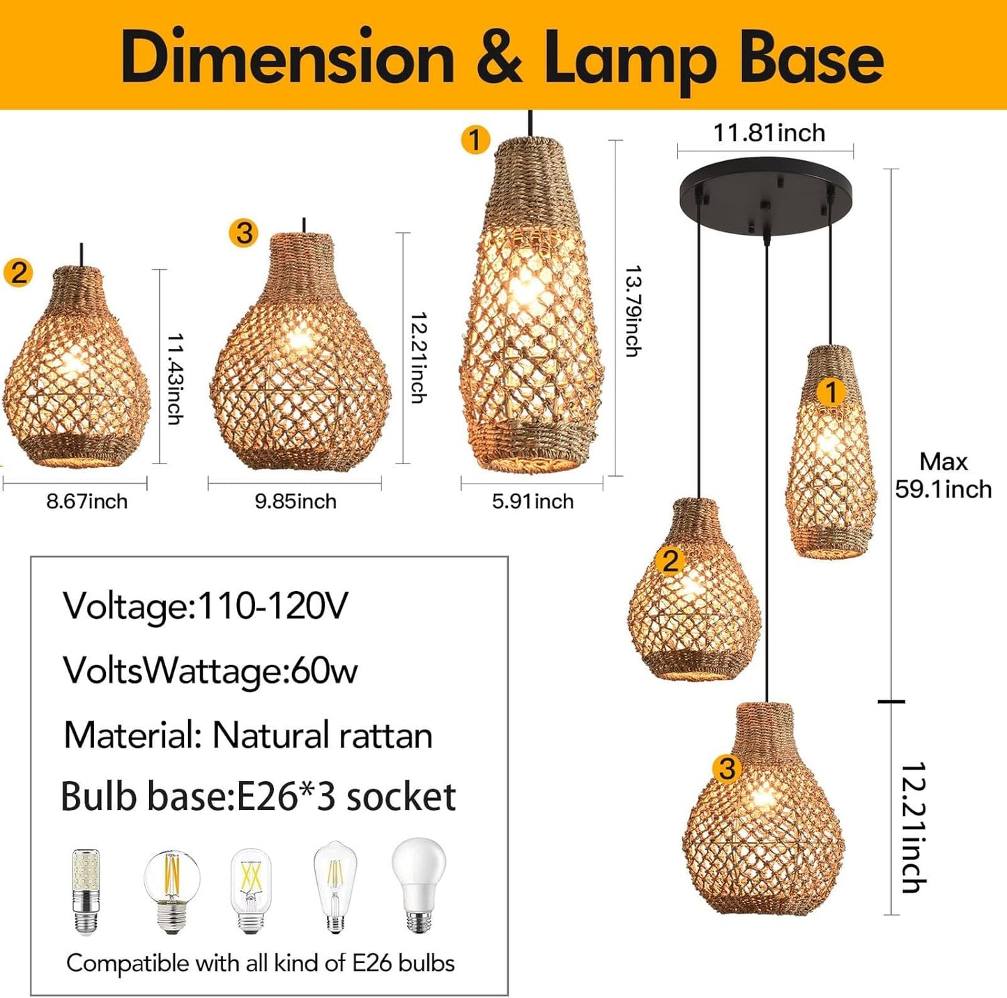 Boho Rattan Pendant Light,3 Light Coastal Woven Wicker Ceiling Hanging Farmhouse Chandelier for Kitchen Island Living Room Dining Room