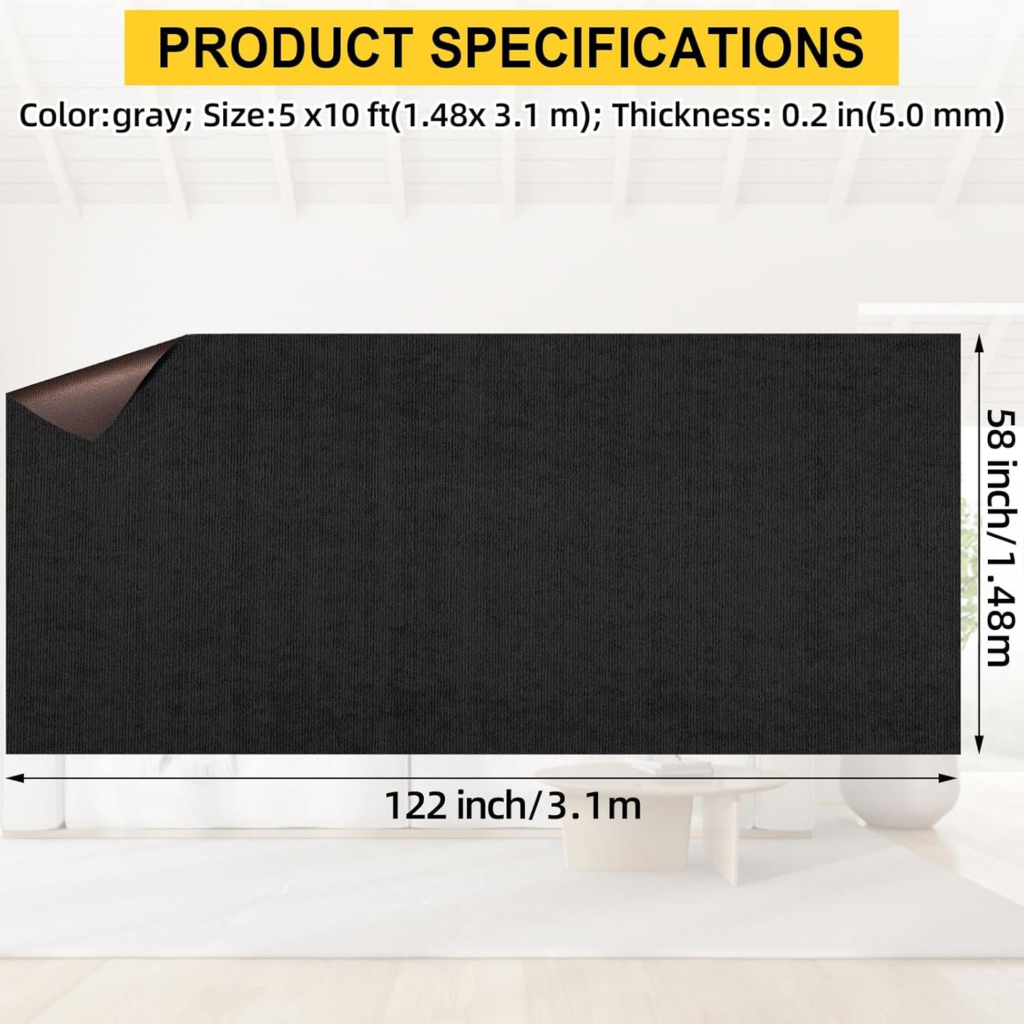 Marine Carpet,5 FT x 10 FT Black Indoor Outdoor Carpet 0.2" Thick Boat Carpet with Water-Proof TPE Backing, Non-Slide Outdoor Marine Carpet Roll for Home, Patio, Porch, Deck