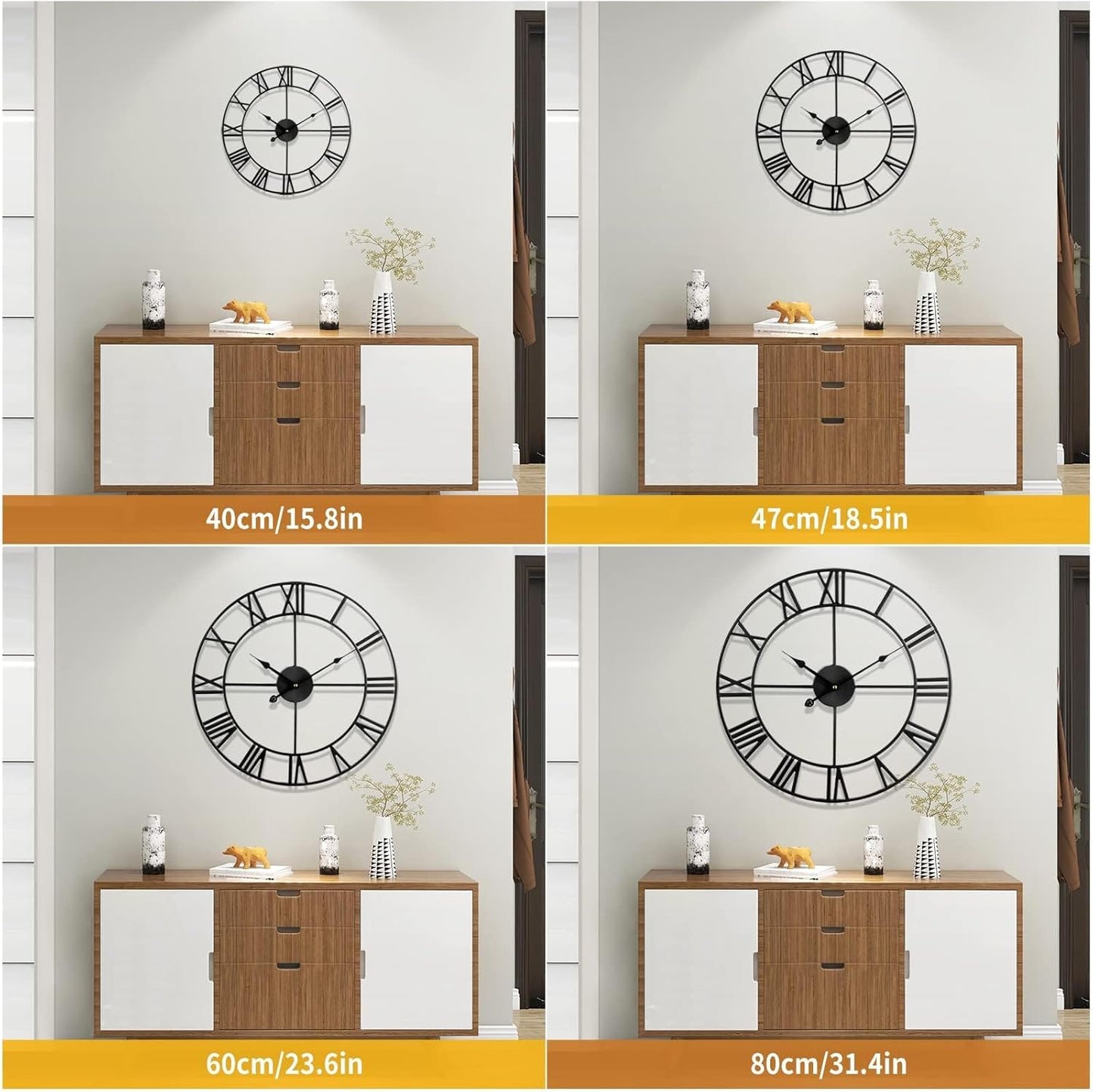 Silent Non-Ticking Decorative Large 24 Inch Metal Vintage Retro Roman Numerals Wall Clock, Battery Operated for Living Room, Bedroom, Kitchen, Office, Cafe Farmhouse Decor