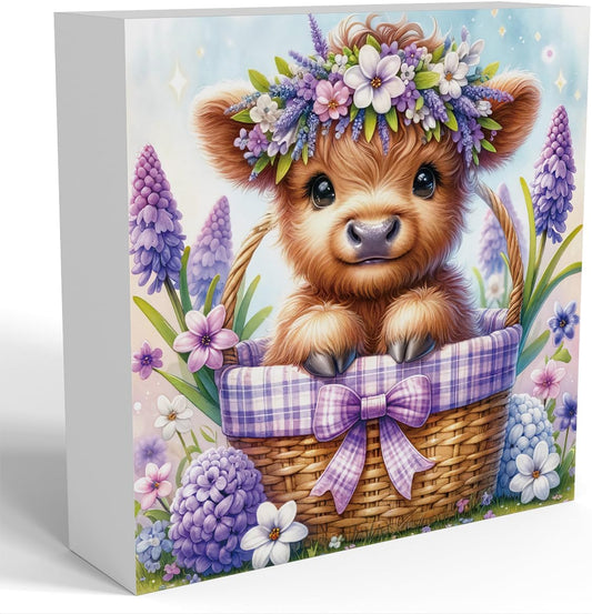 Highland Cow Hyacinth Flowers Decor, Highland Cow Bathroom Decor, Highland Cow Baby Decor, Highland Cow Nursery Decor, Wooden Box Decor Sign for Home Farmhouse Office Living Room Table Shelf Tiered