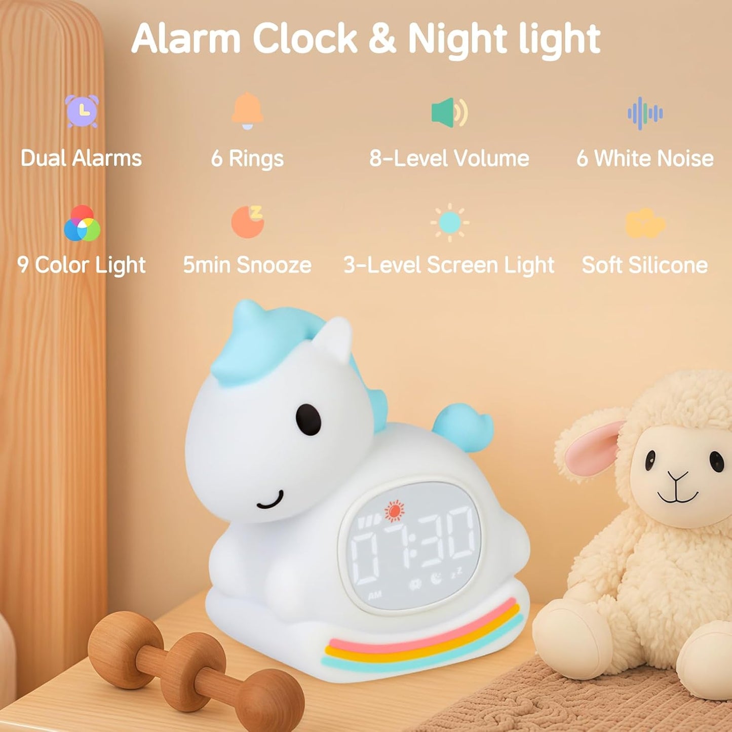 Alarm Clock for Kids with Night Light, Sleep Training Clock Time to Wake Clock, Rechargeable Silicone Light for Bedroom, Perfect Sleep Companion for Boys Girls, Blue Pony