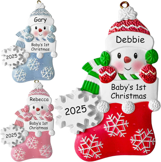 Babys First Christmas Ornament 2025 Boy Girl,Personalized Christmas Ornaments - 3 Color Options - Cusotm Snow Baby Ornaments 2025 w/Name and Year,Resin Snowman Ornament for Xmas Tree