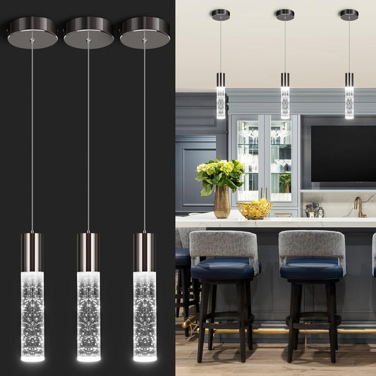 OKELI Modern Pendant Lights, LED Bubble Crystal Kitchen Island Lights Fixtures, Black Mini Single Pendant Lighting for Kitchen Island Bar,6W,6000K, ETL,3Pack