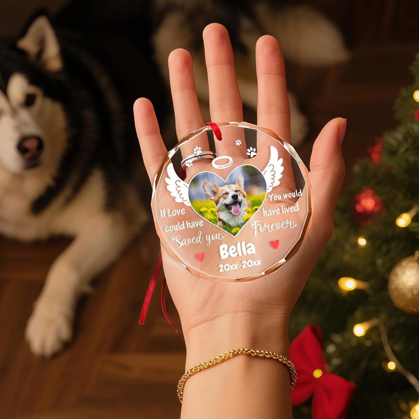 Personalized Memorial Pet Glass Ornament - Custom Picture Christmas Ornaments, Dog Forever in Our Hearts Hanging Ornament Xmas Tree Decor for Dog Lovers