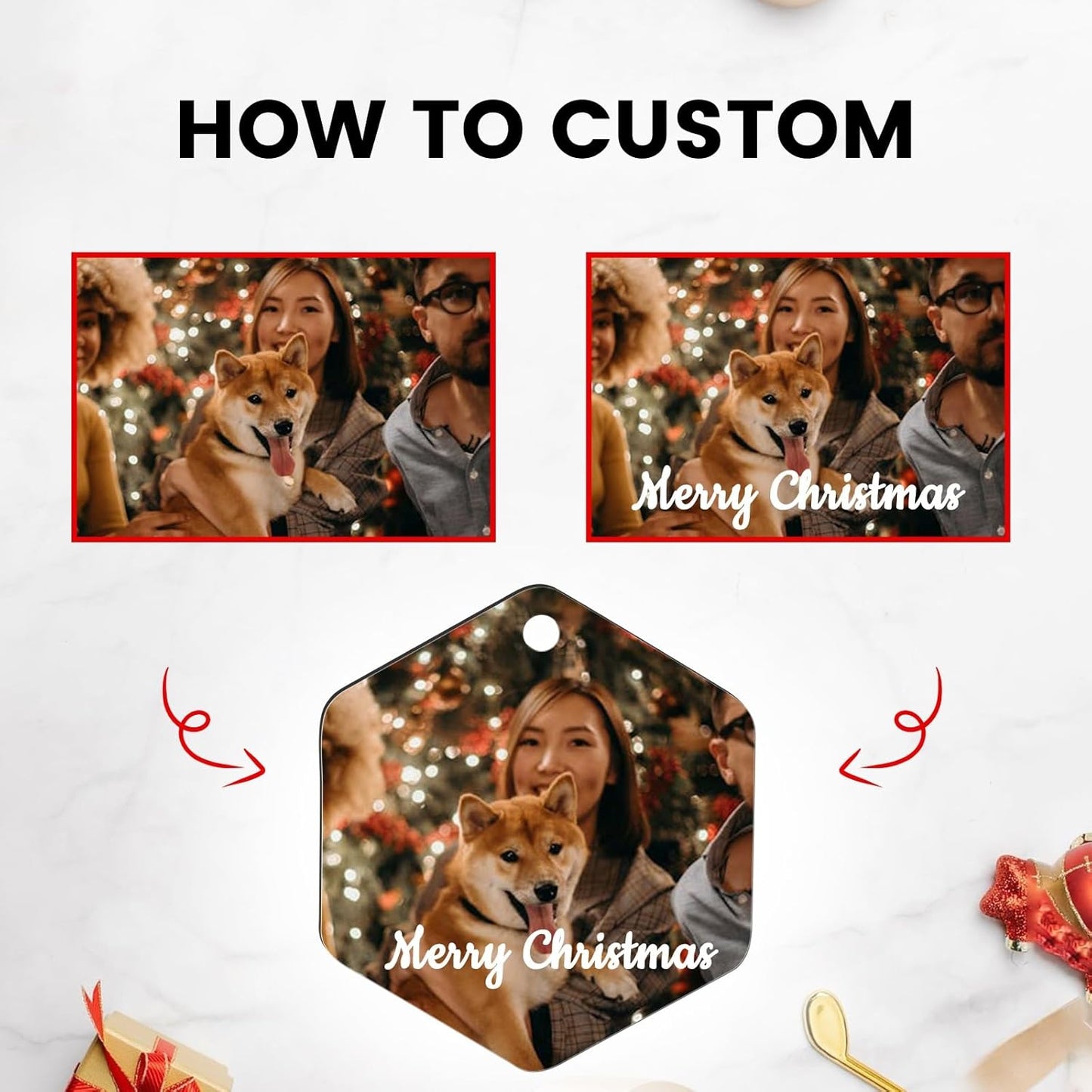 Personalized Christmas Ornaments 2024 Customized with Photo Text Ornament Keepsake Pet First Christmas Ornament Bulk Custom Wooden Xmas Tree Decorations, Wood Hexagon