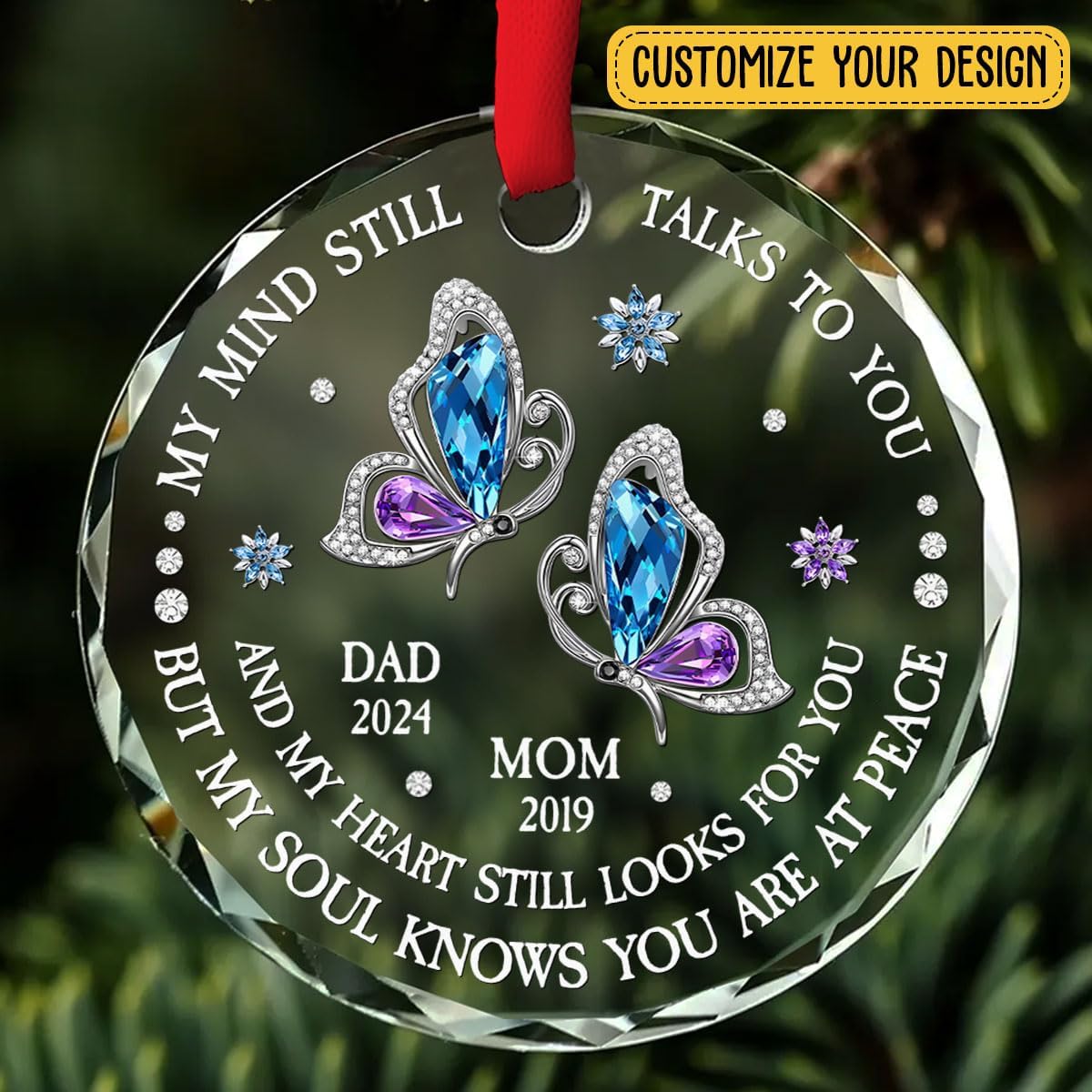 Personalized Memorial Christmas Ornament - My Mind Still Talks to You Butterfly, Custom Name Remembrance Glass Ornament for Loss of Loved Ones in Heaven, Sympathy Gifts for Deceased