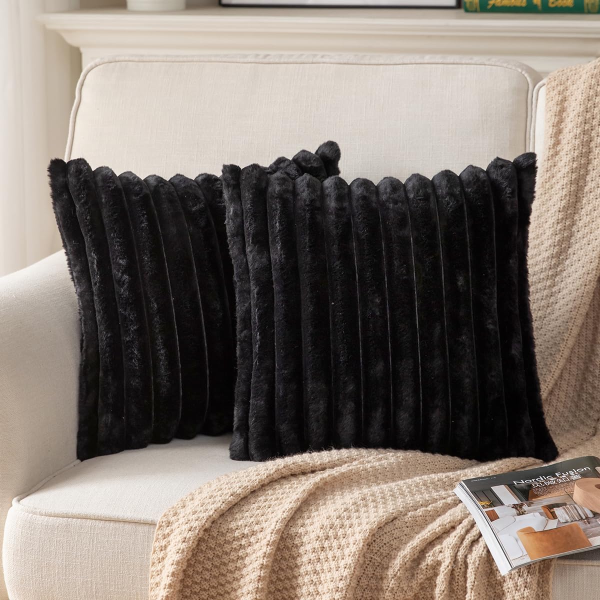 DEELAND Pack of 2,Double-Sided Faux Fur Plush Decorative Throw Pillow Covers Fuzzy Striped Soft Pillowcase Cushion Covers for Sofa Couch Bedroom Black 16x16 inch
