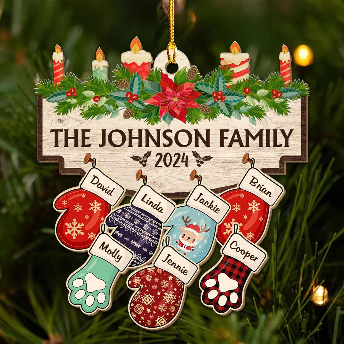 Family with Pet Ver 2 - Personalized Custom Wood Ornament, Family Gloves Christmas Ornament 2024, Xmas Ornament Gifts for Family Tree Decoration (A06, 10 Names)