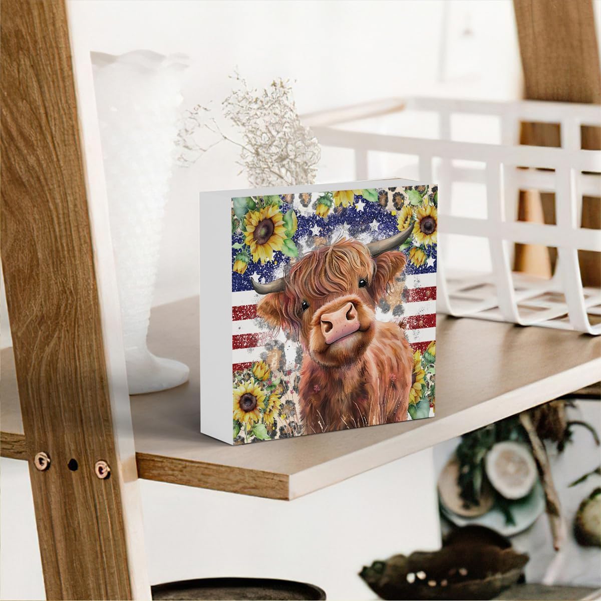Cute Highland Cow Patriotic Baby Decor, Highland Cow Sunflower Decor, Wooden Box Decor Sign for Home Farmhouse Office Living Room Table Shelf