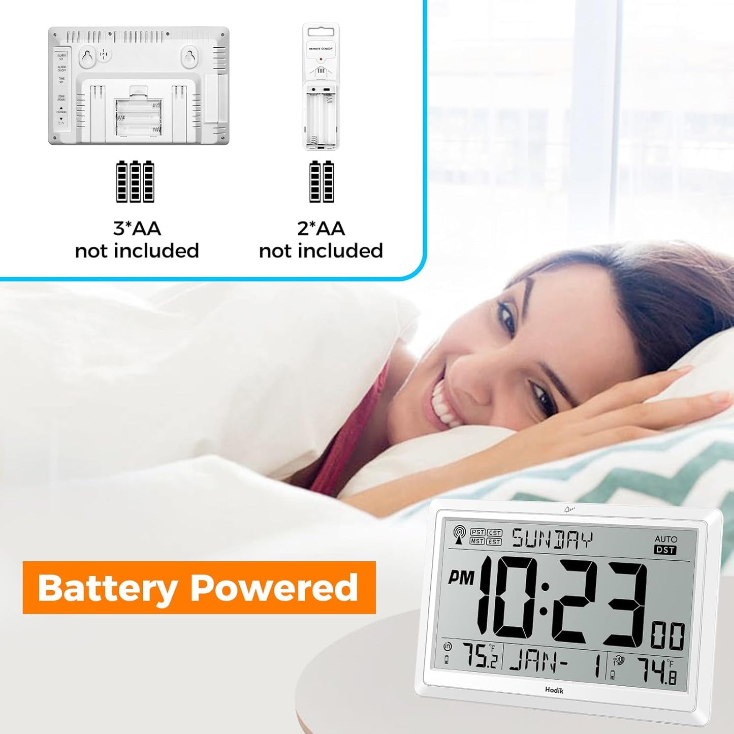 Wall Clock Atomic with Indoor Outdoor Temperature Battery Powered, Easy Reading with 10.5 Inch Large LCD Display, 330FT Range Table Wall Clock with DST, 12/24 Hour for Living Room Kitchen (White)