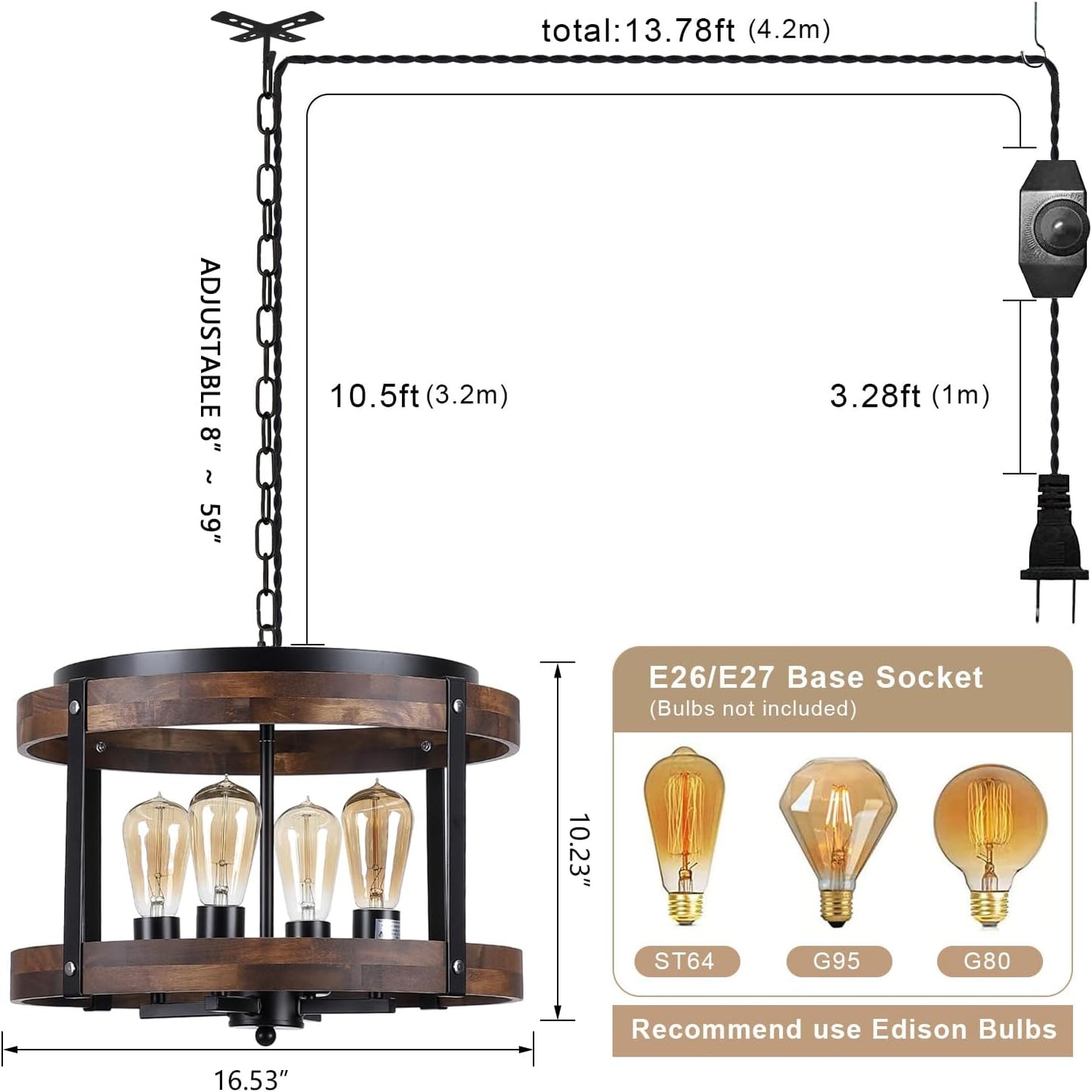 4-Light Large Rustic Farmhouse Plug in Pendant Light Fixture with Adjustable Chain, Dimmable Switch, 16.5 inch Oak Wood Drum Hanging Lamp for Dining Room Living Room Farmhouse Entry, Black