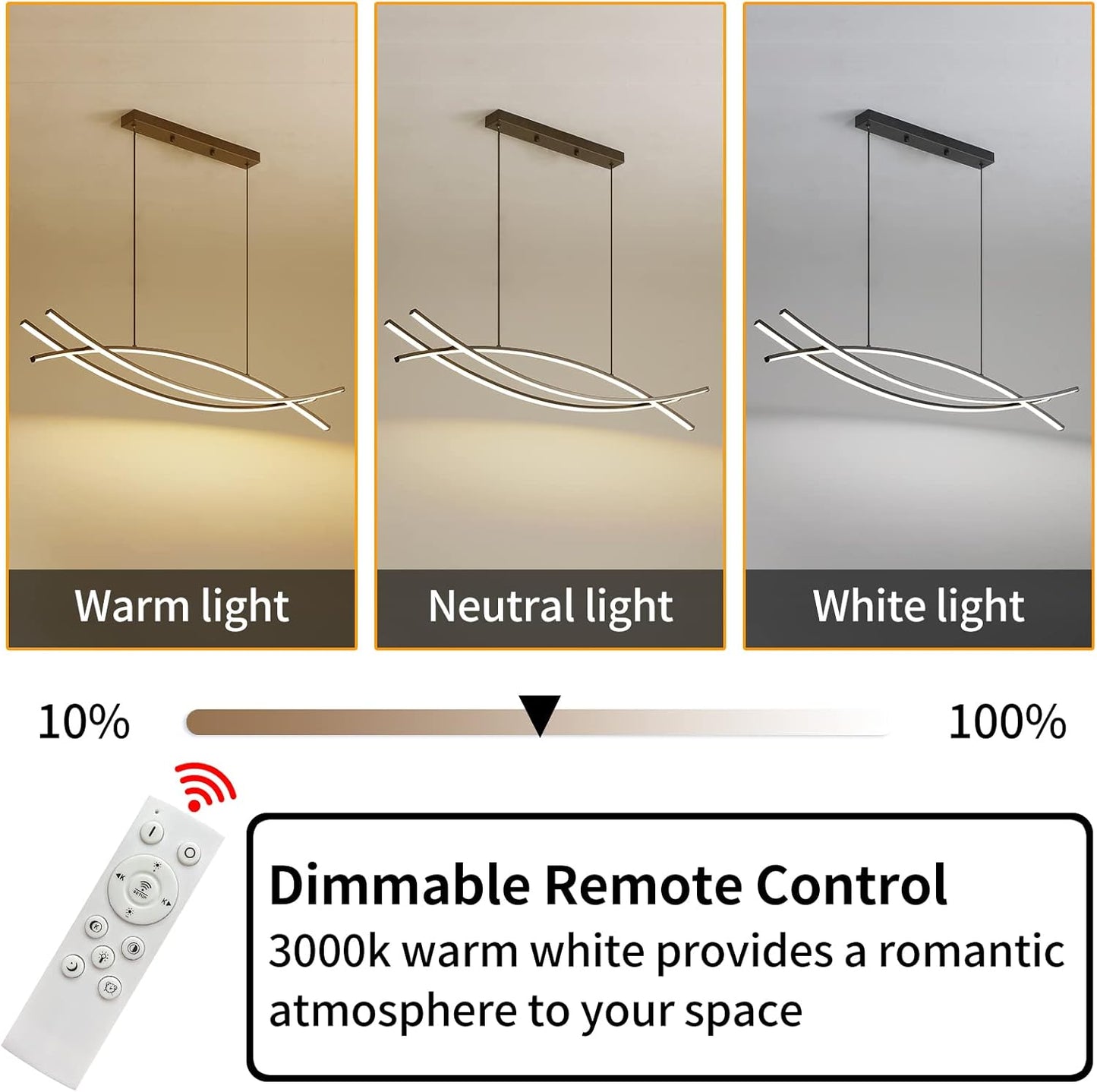 Pendant Light, Linear Pendant Light LED Dimmable Hanging Light Fixture, LED Modern Curved Chandelier, Chandeliers for Dining Room