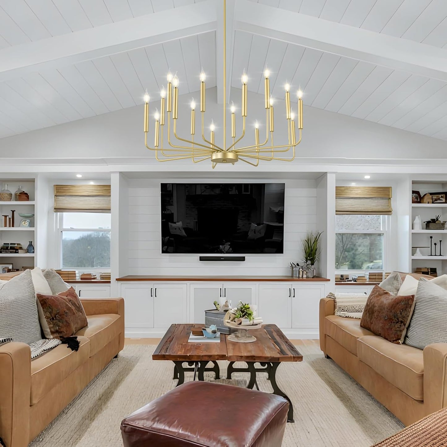 Modern Gold Farmhouse Chandeliers, 16-Light Industrial Metal Chandelier Lighting, Classic Candle Hanging Pendant Light Fixtures for Kitchen Island, Living Room, Dining Room, Stair