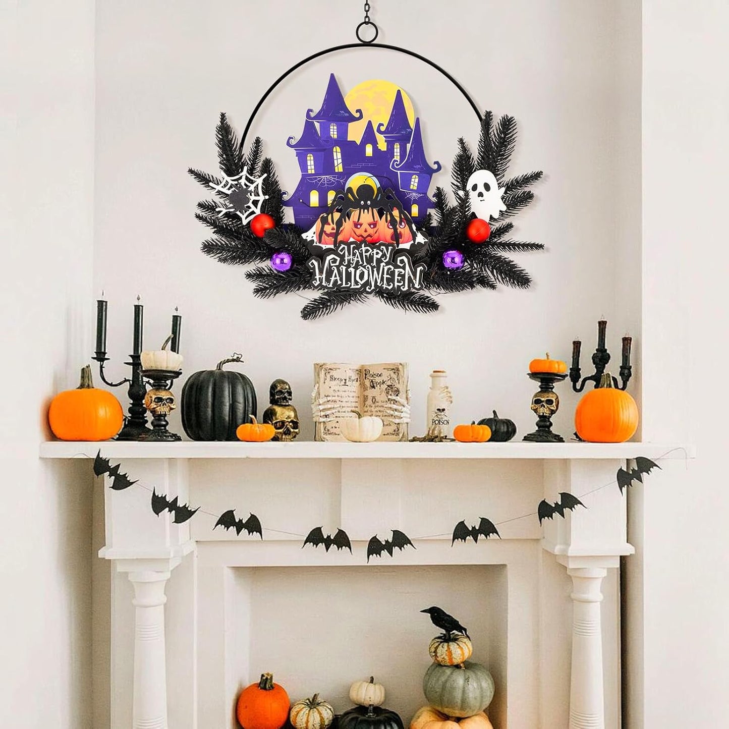 Lighted Halloween Wreaths for Front Door, Welcome Metal Wooden Door Wreath Decor Hanging Sign, 30 LED Lighted Wall Decor Battery Operated for Halloween Indoor Outdoor (Spider)