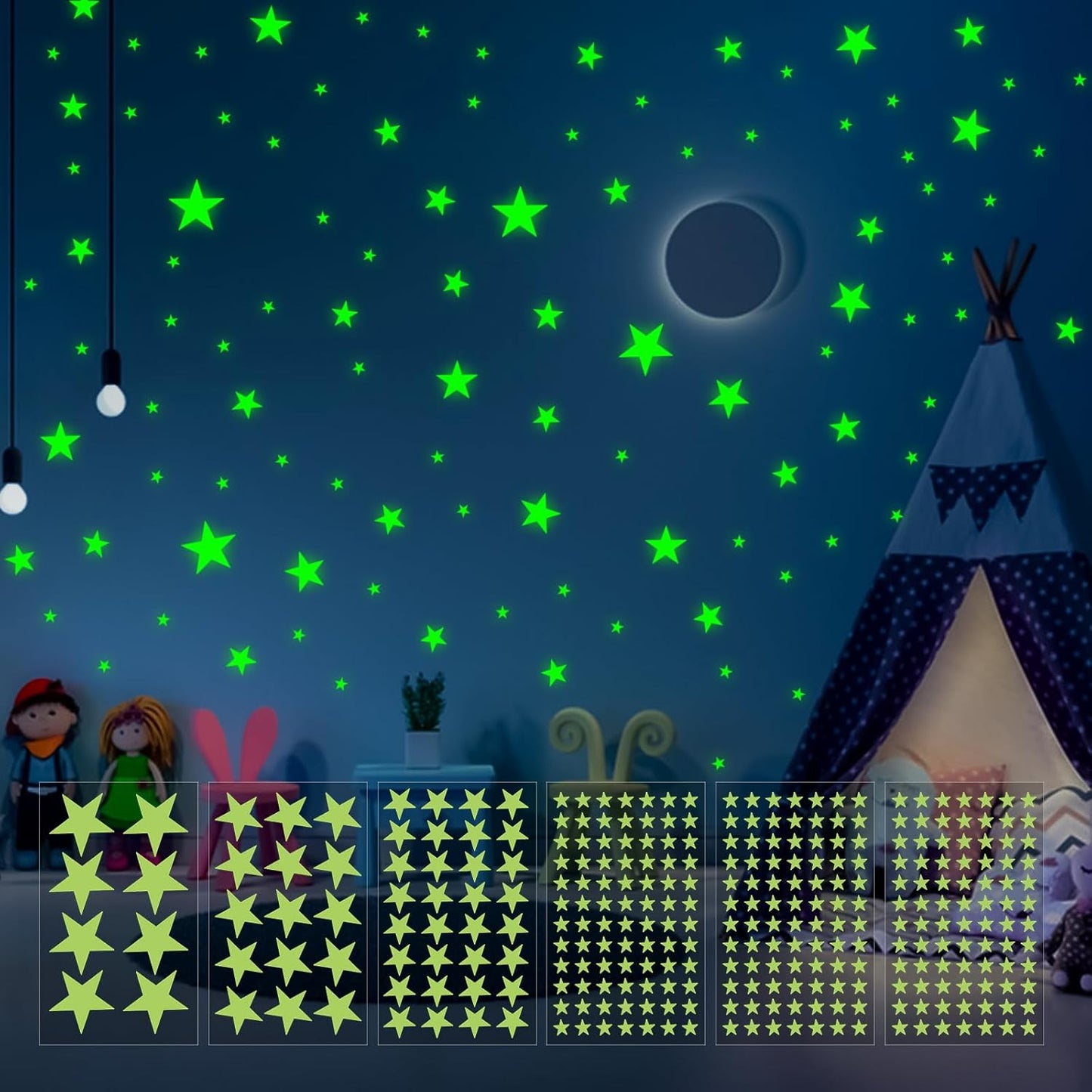 Glow in The Dark Stars Wall Stickers - 6 Sheets 307 Pcs Glowing Wall Decals Ceiling Stickers, Stick on Stars Glow in The Dark for Baby Kids Bedroom Wall Decor