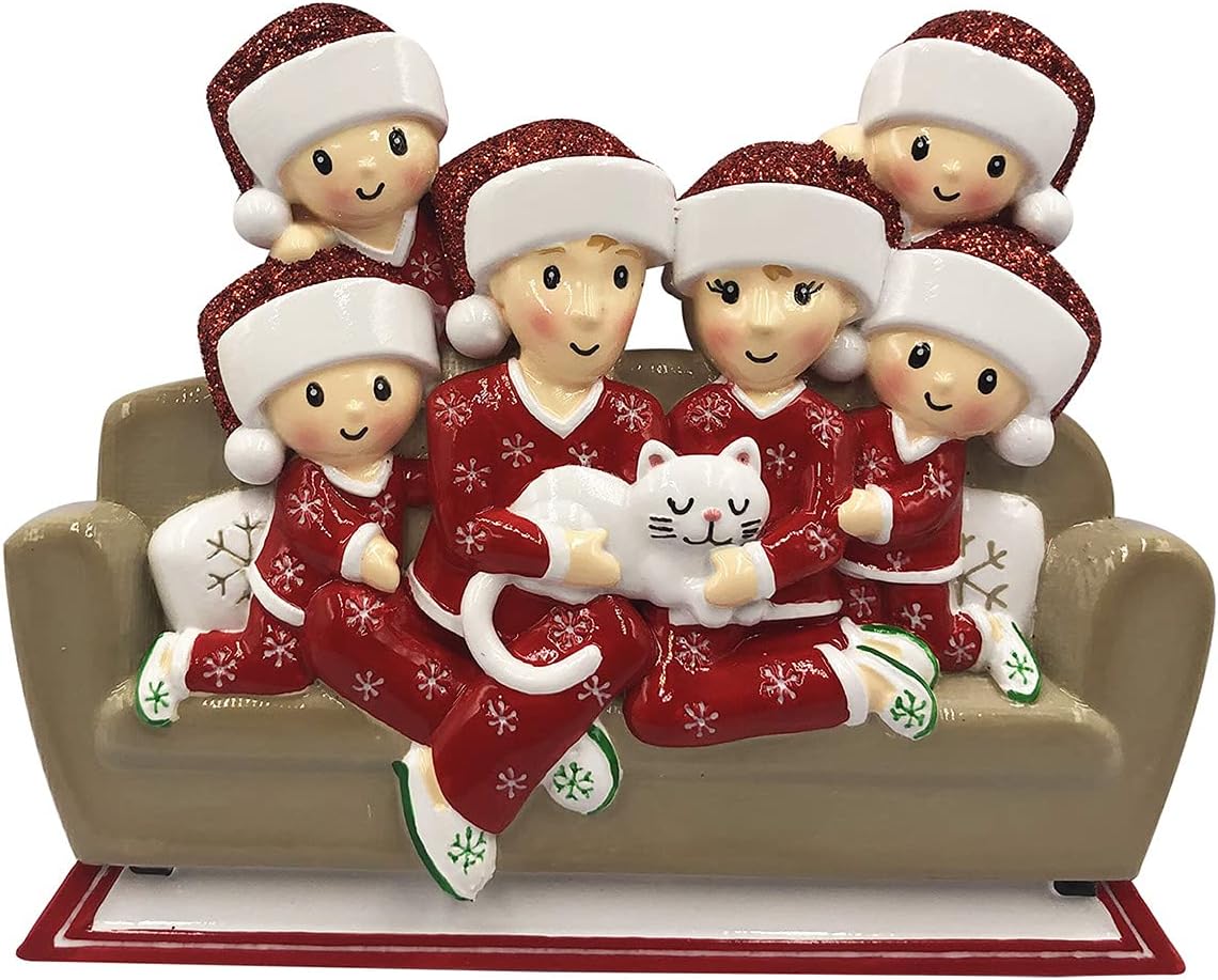 3D Matching Pajama Family of 6 with Cat Ornament 2025 Personalized Family Christmas Ornaments 2025 | Pet Lovers Personalized Tree Ornaments Customizable Gifts of Cat Lovers of Six with Pet Ornament