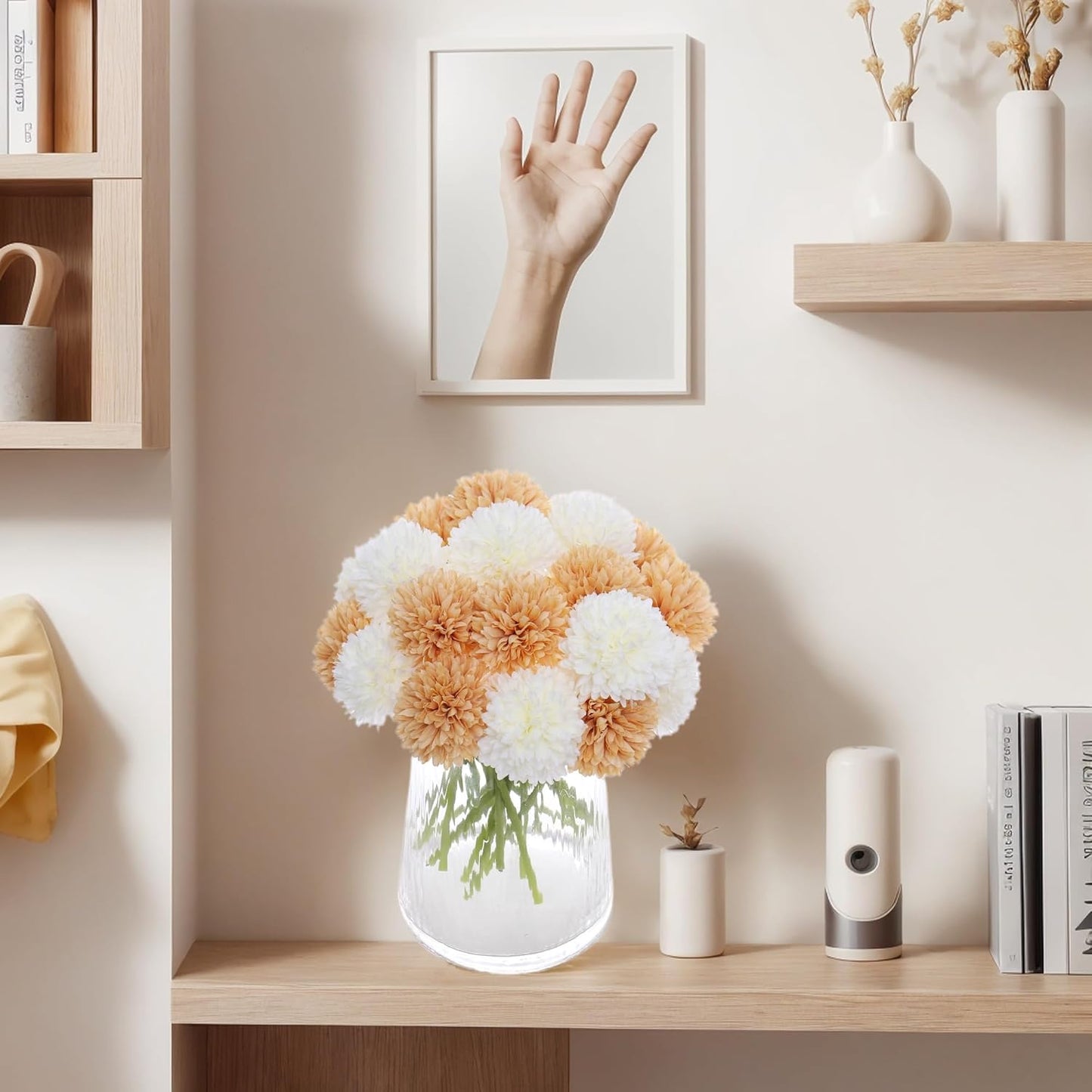 Kimura's Cabin 20Pcs Fake Mums Flowers Artificial Silk Chrysanthemum Faux Ball Flowers for Spring Wedding Arrangements Home Indoor Kitchen Table Centerpiece (White Champagne)