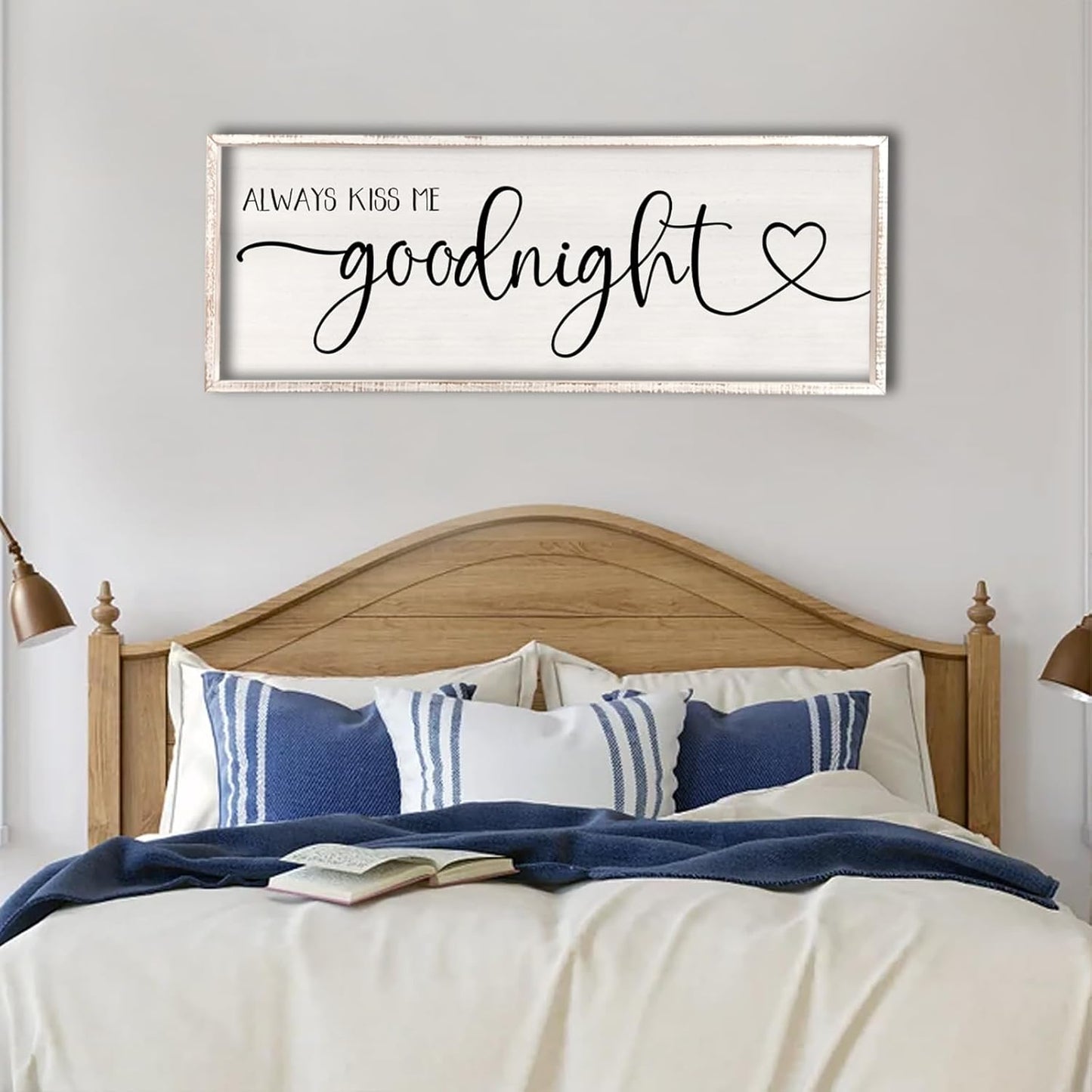 flowtorely Always Kiss Me Goodnight Wall Sign For Master Bedroom Above Bed Wall Decor 40''×15'' Large Rustic Solid Wood Frame For Farmhouse Couples Above bed Wall Art Decoration (White)