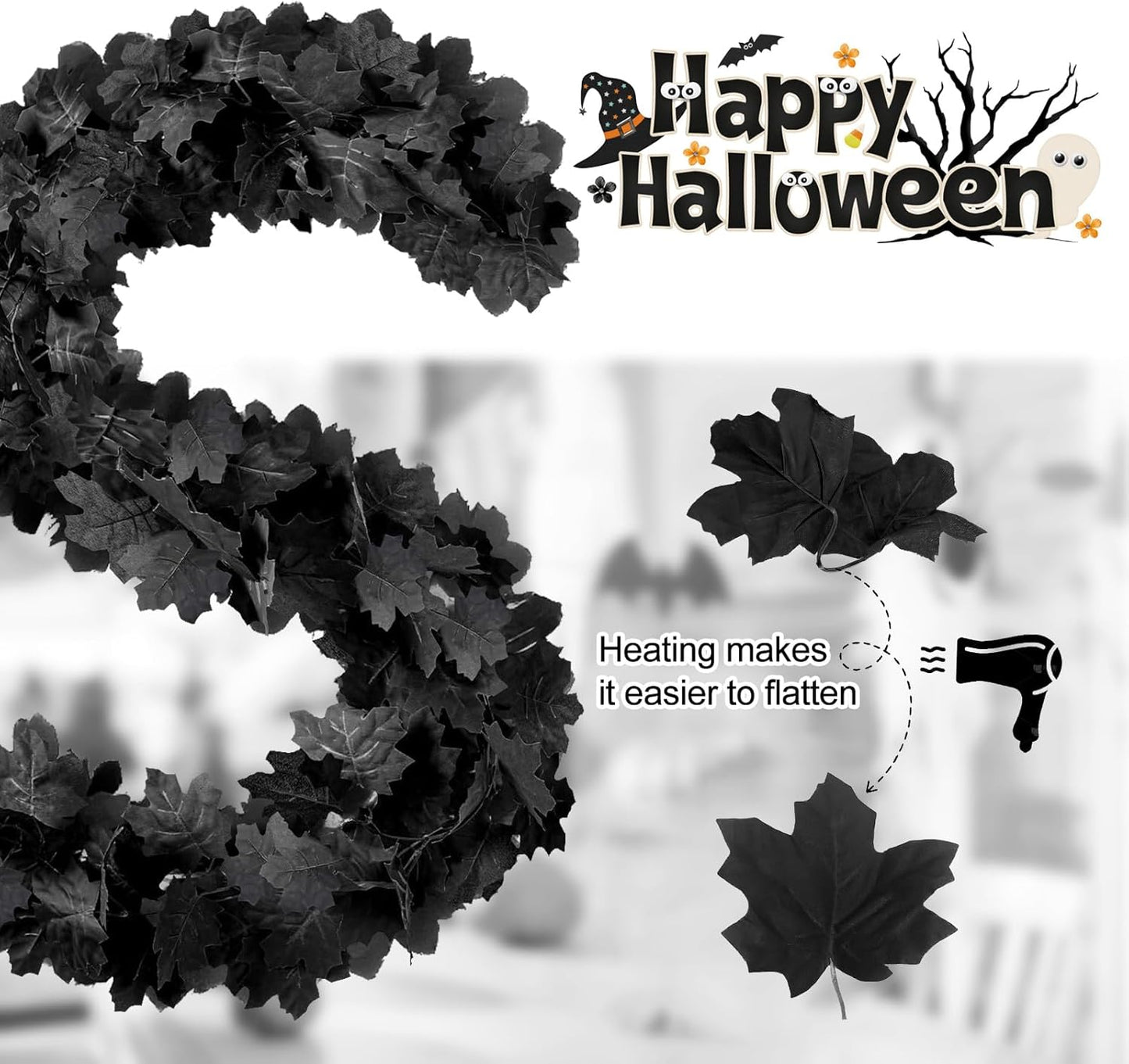 Joyhalo 4 Pack Halloween Garland, 5.7FT Black Maple Leaf Garland Halloween Decor, Spooky Black Leaves Vines Outdoor for Mantle, Home, Office, Stair Railing, Door Frame, Fireplace and Fall Decorations