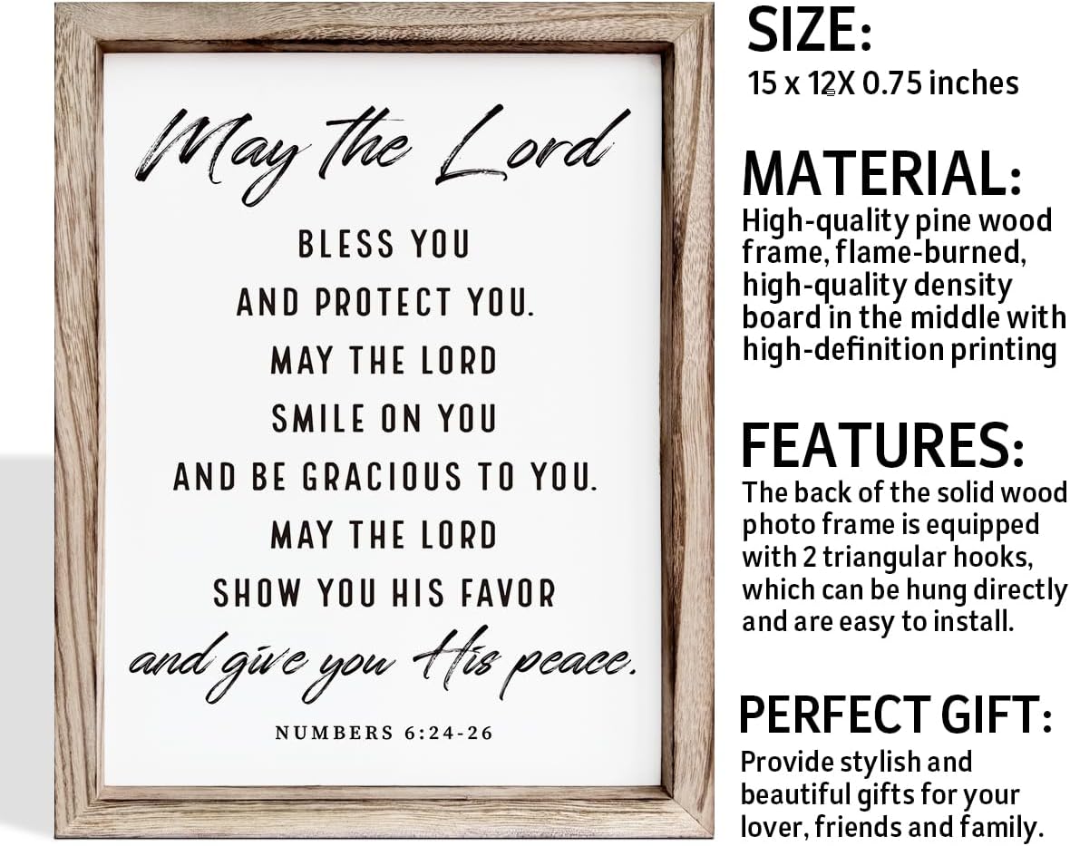 Christian Wooden Plaque, Bible Verse Scripture Decor, Framed Wall Plaque Signs 15 * 11.5 inches, Inspirational Christian Gift, May the Lord Bless You and Protect You Sign