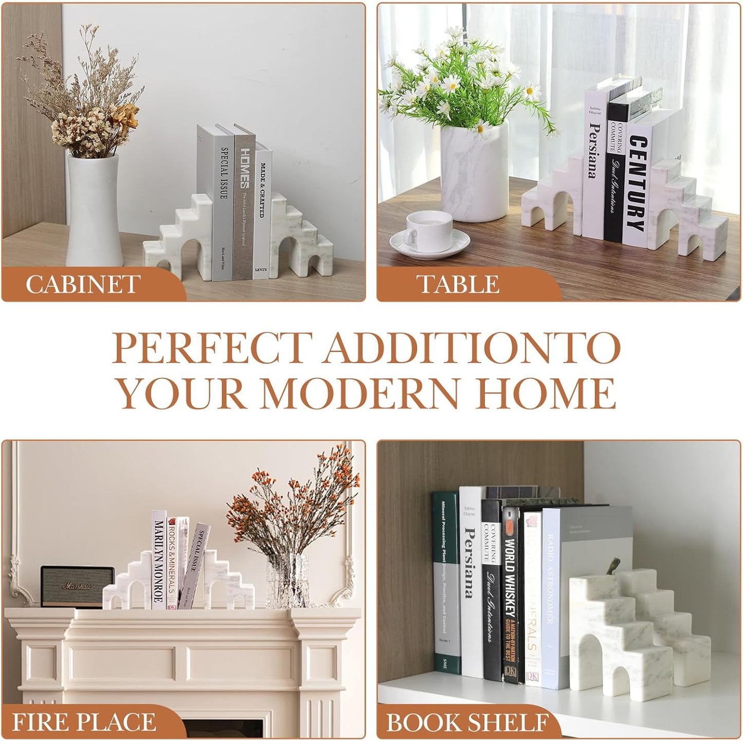 Natural Marble Book Ends for Shelves, Decorative Bookends for Heavy Books, CastleGuard Bookend Book Holder Stopper for Home Office Desk Bookshelf Decoration, Set of 2 (Oriental Calacatta)