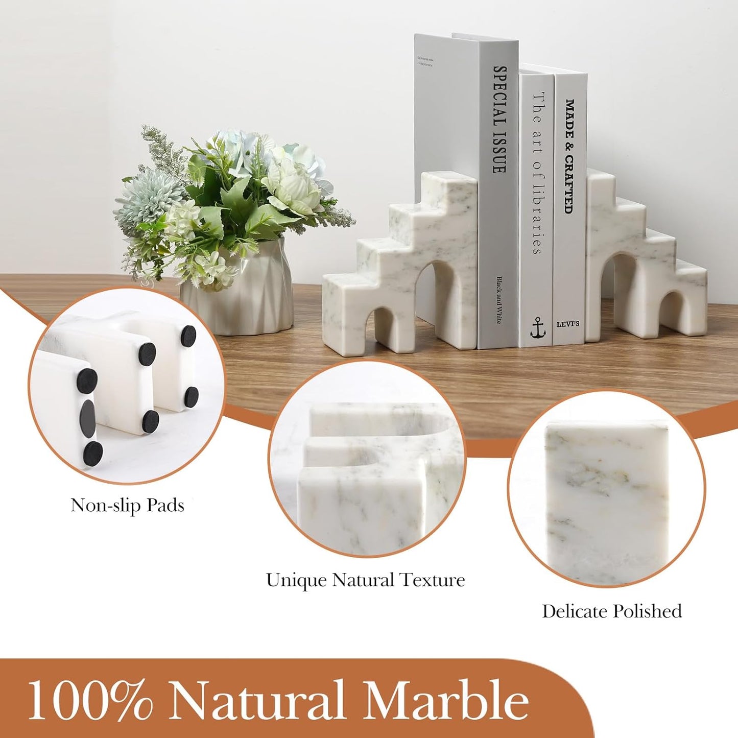 Natural Marble Book Ends for Shelves, Decorative Bookends for Heavy Books, CastleGuard Bookend Book Holder Stopper for Home Office Desk Bookshelf Decoration, Set of 2 (Oriental Calacatta)