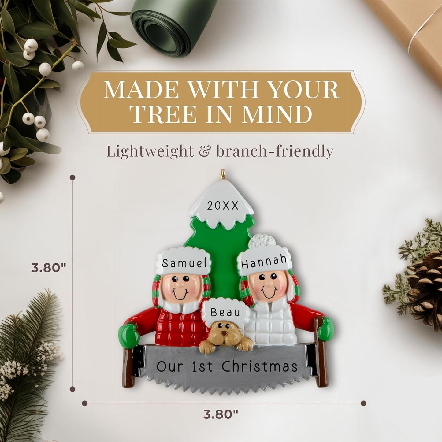 Personalized Couple with Dog Ornament 2025 | Free 24h Customization | Laser Engraved Pet Family Christmas Ornaments for Tree | Custom Gift Wrapped Outdoors Keepsake for Dog-Lovers