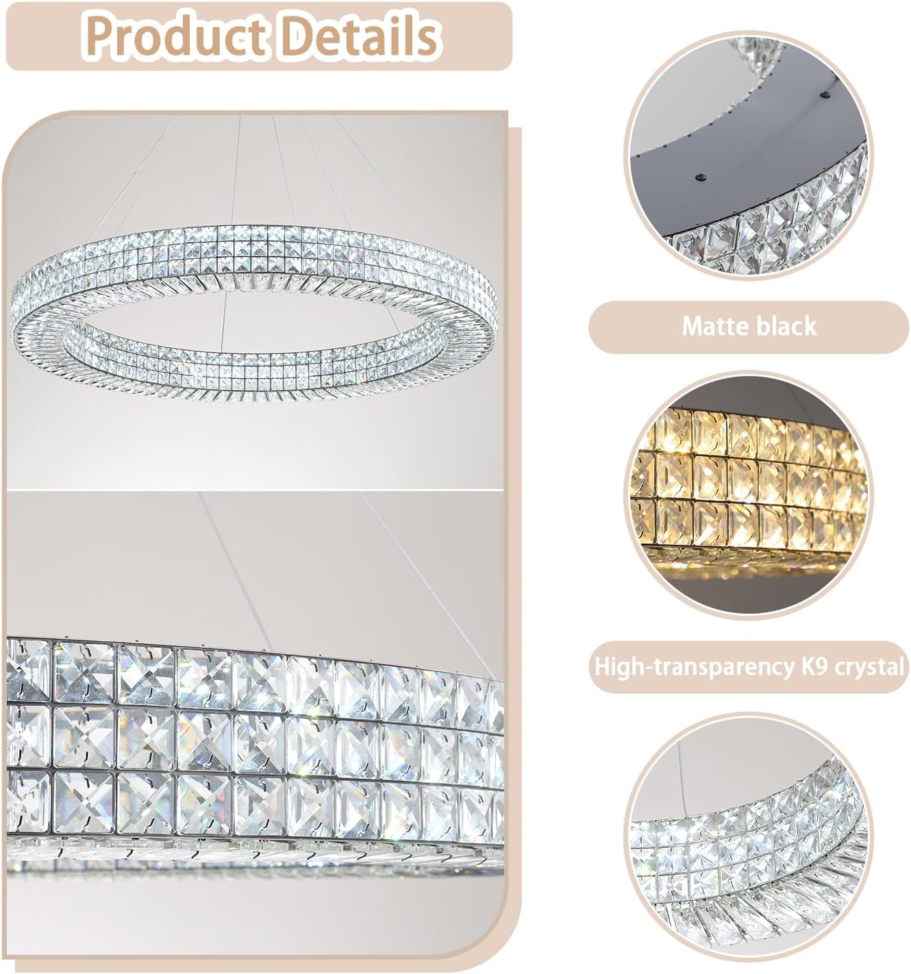 Dia 40" Modern Chandelier Ring Crystal Chandelier Adjustable Height Luxury Crystal Pendant Ceiling Light Fixture for Dining Living Room Bedroom