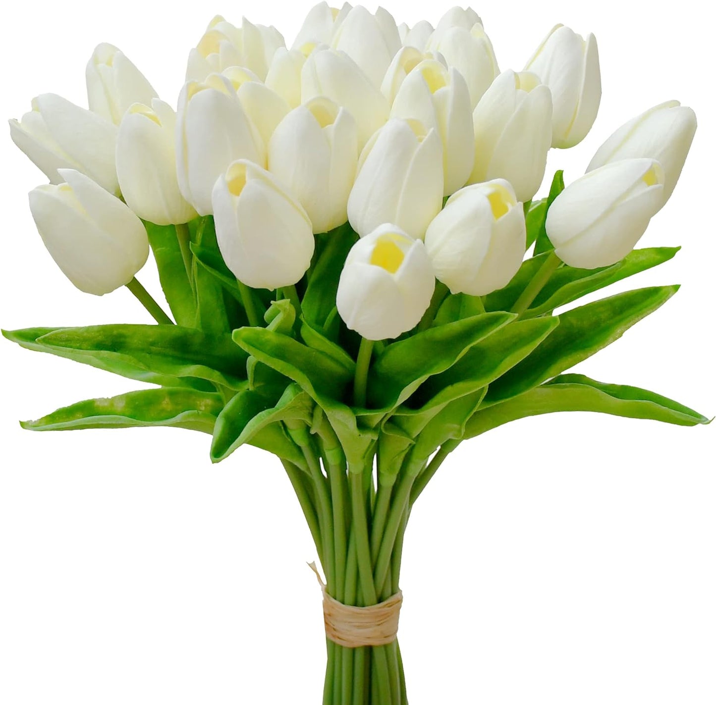 Mandy's Artificial Tulips 28 Stems Cream PU Faux Flowers for Wedding Home Decor 13.5 Inch
