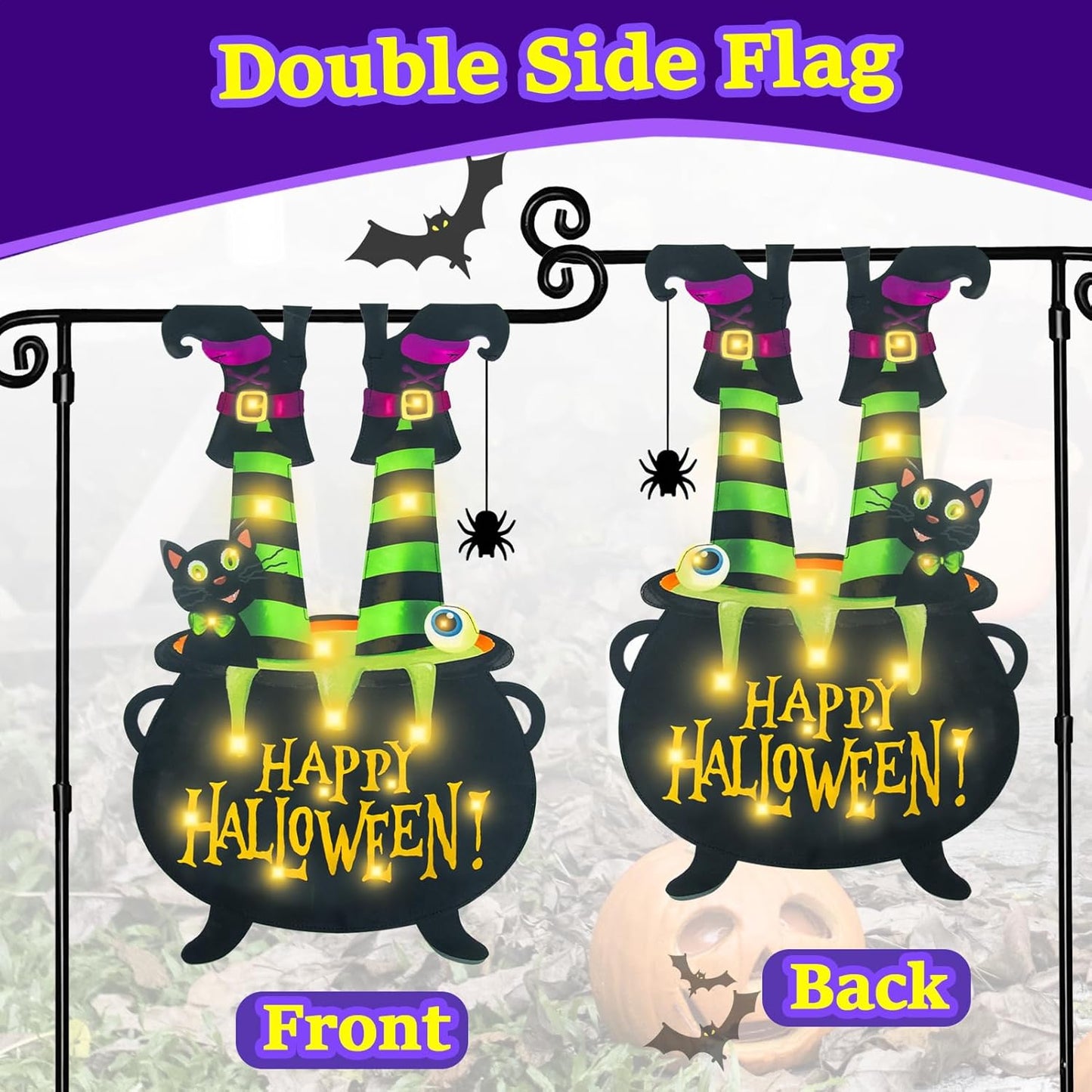 Halloween Lighted Garden Flag for Outside, Witch Feet Shape Flag Yard Decor, 8 Modes Double Sided Cauldron Eyeball Black Cat Outdoor Hlloween Decorations for Home Porch (Warm White-28x40)