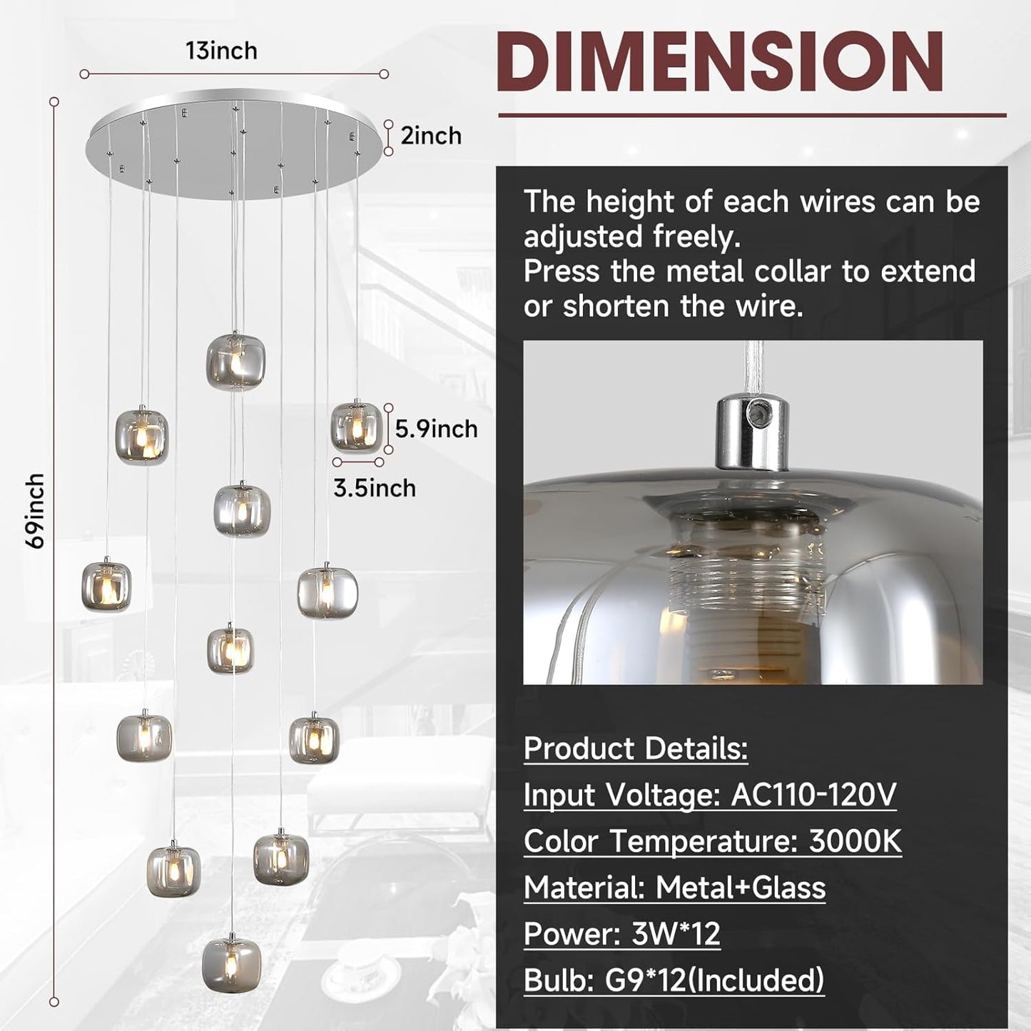 Flush Mount Chandelier,Crystal Pendant Light with 12 G9 LED Bulbs,Chandelier Hanging Flush Mount Lighting Fixtures for Spiral Staircase,Foyer,Entryway,Living Room(12 Lights,3000K)
