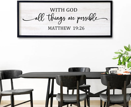 With God All Things are Possible Framed Wall Art, 40''×15'' Positive Holy Religious Rustic Bible Verse for Christian God Jesus Christ Prayer, Vintage Horizontal Inspirational Catholic Scripture Decor