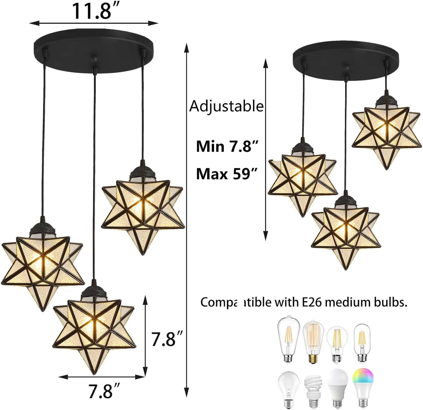 Farmhouse Glam Chandelier with Glass Star Pendants Light Fixture Elegant Ceiling Hanging Lights Included Warm Light Bulbs Black