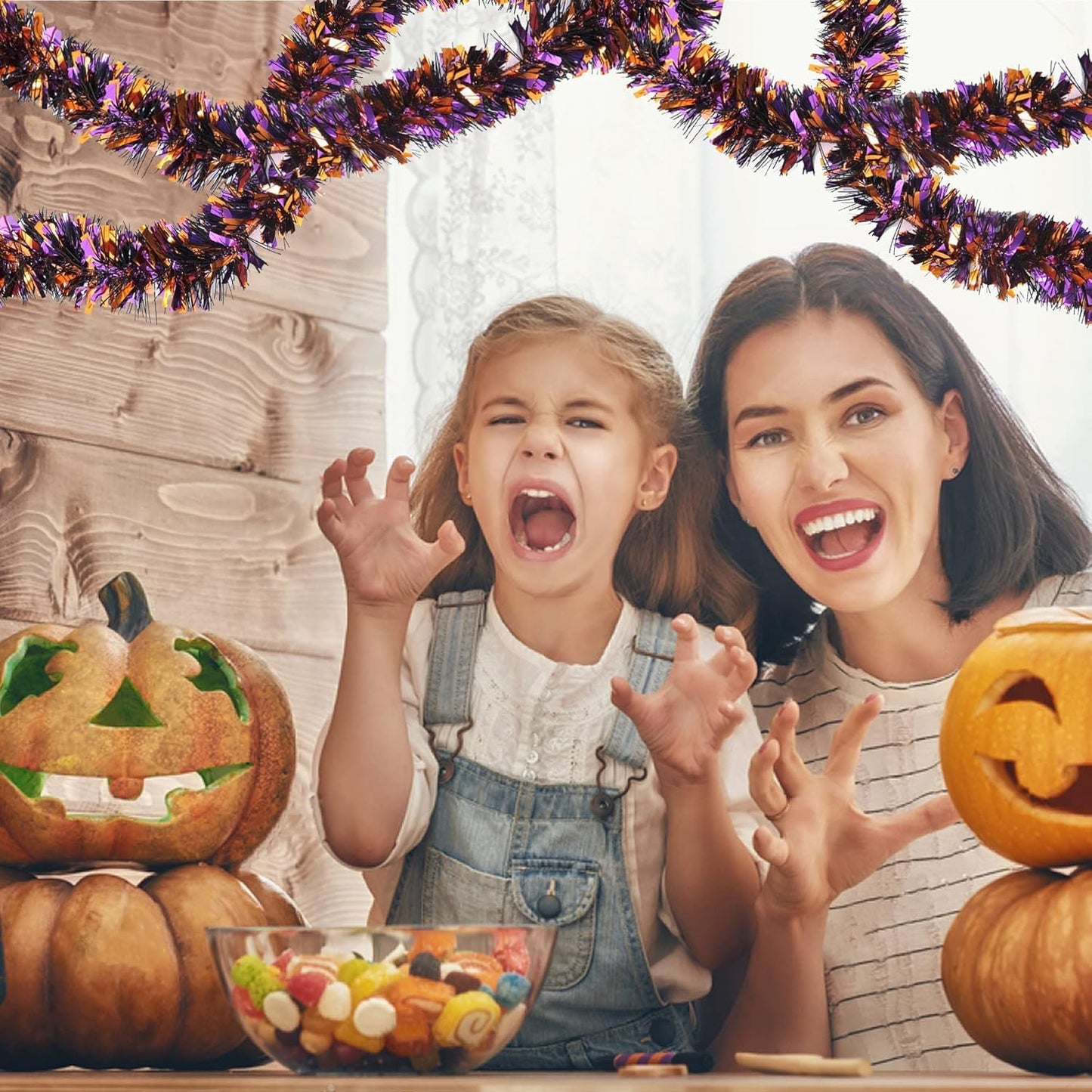 SAOROPEB 4 Pieces 26.4 Ft Halloween Tinsel Garland Metallic Shiny Twist Garland Hanging Decorations for Halloween Party Indoor and Outdoor Decor - Black Orange and Purple