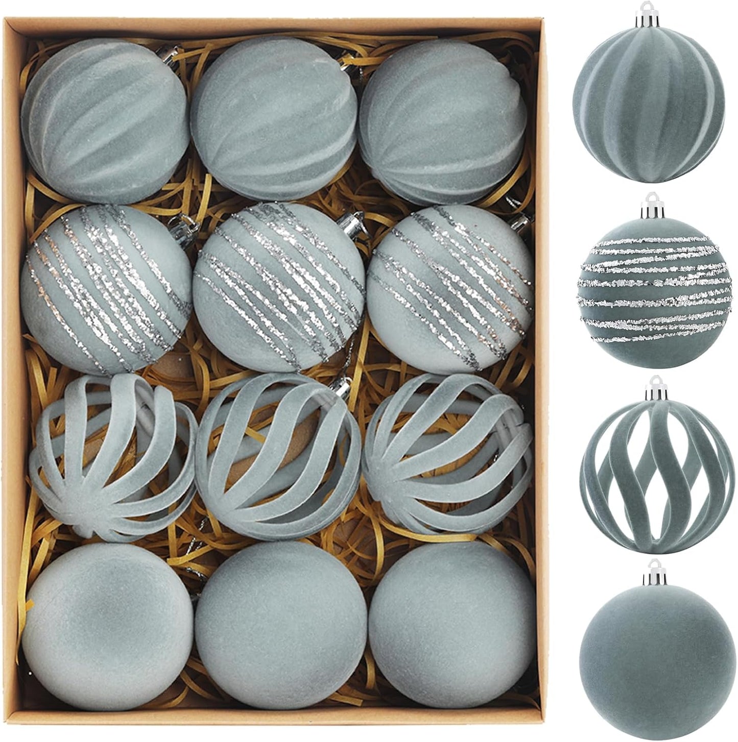 Christmas Ornaments Set of 12, 3.15" Flocked Velvet Balls with Hand Painted Designs, Dusty Blue Elegant Christmas Tree Decorations in Gift Box