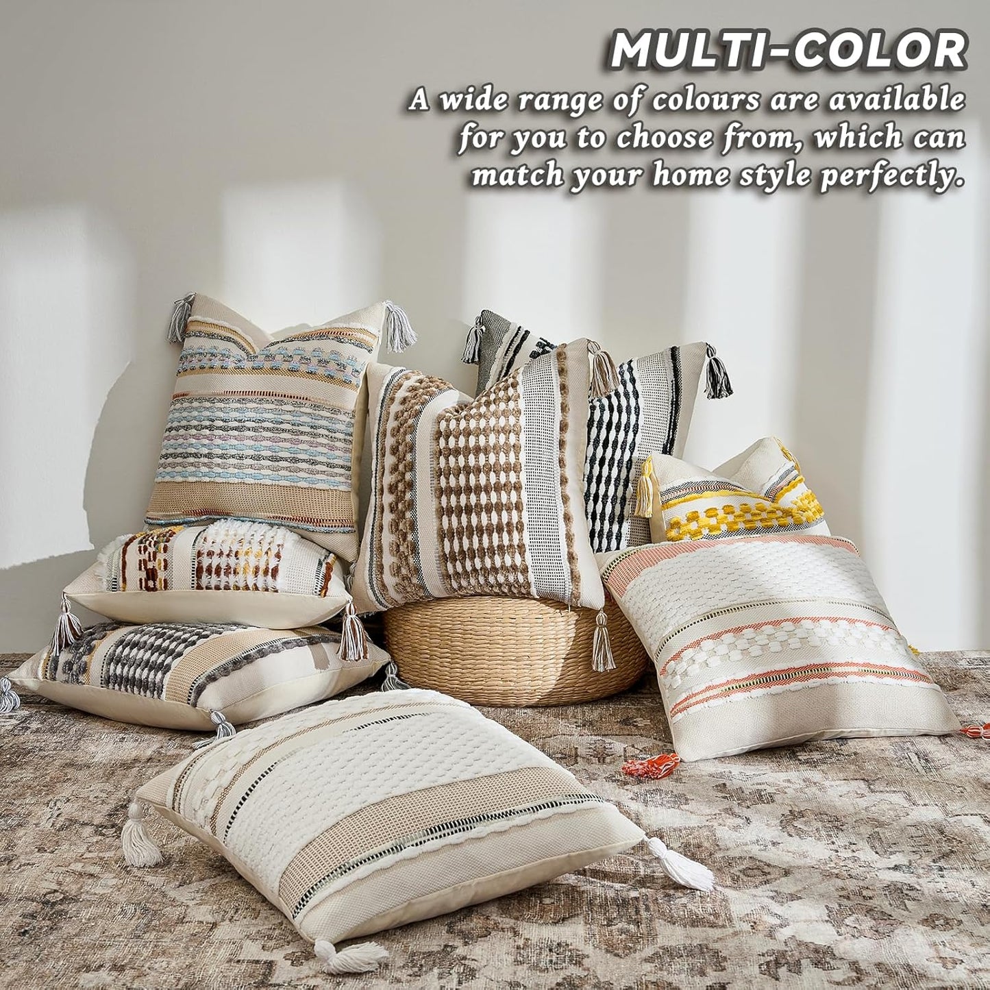 AmHoo Set of 2 Chenille Striped Textured Boho Throw Pillow Covers Aesthetic with Tassels Woven Decorative Pillow Case for Couch Bed Sofa Bedroom Modern Funky 18 x 18-Inch Yellow