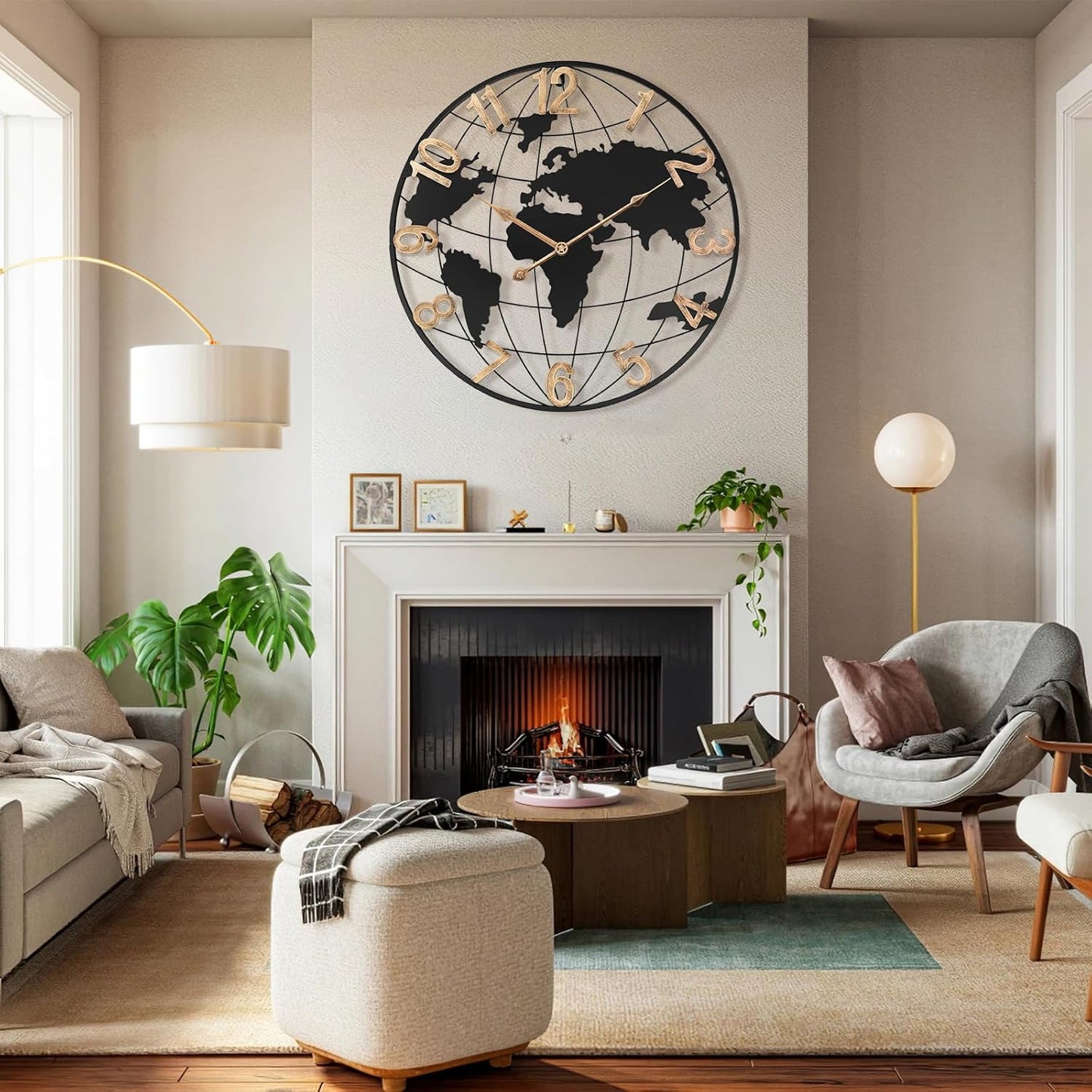 20 Inch Large Wall Clock for Living Room Decor,Big Modern Decorative Silent Metal World Map Wall Clock with Vintage Gold Arabic Numeral for Office,Living Room,Kitchen,Dining Room