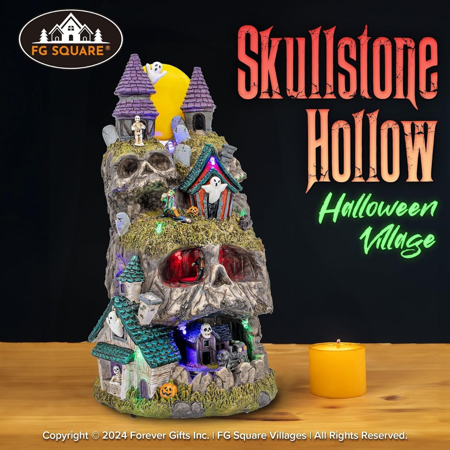 Skullstone Hollow Skull Theme Spooky Halloween Village Multi-Color LED Lights, Animated Motion and Music 7.75" x 7.5" x 13.5"
