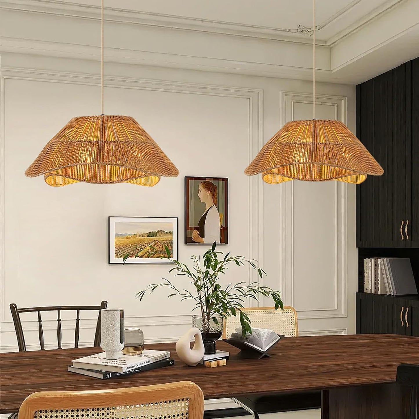 19.68" Rattan Pendant Light Fixture, 3-Light Boho Hanging Light Fixture Ceiling Mount, Bohemian Woven Wicker Flush Mount Hanging Lamp, Adjustable Rattan Chandelier for Kitchen Island Hallway