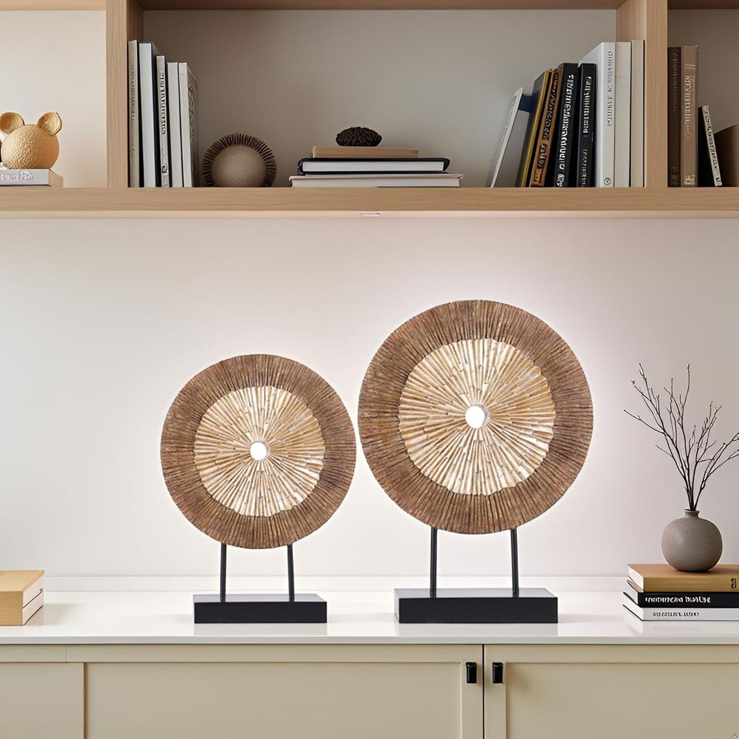 XMGZQ Wood Color Minimalist Round Statue Above Cabinet Decor Kitchen,Modern Decorative Sculpture Home Decorations for Living Room Coffee Table,Shelf Decor Items,Center Pieces Decoration for Table