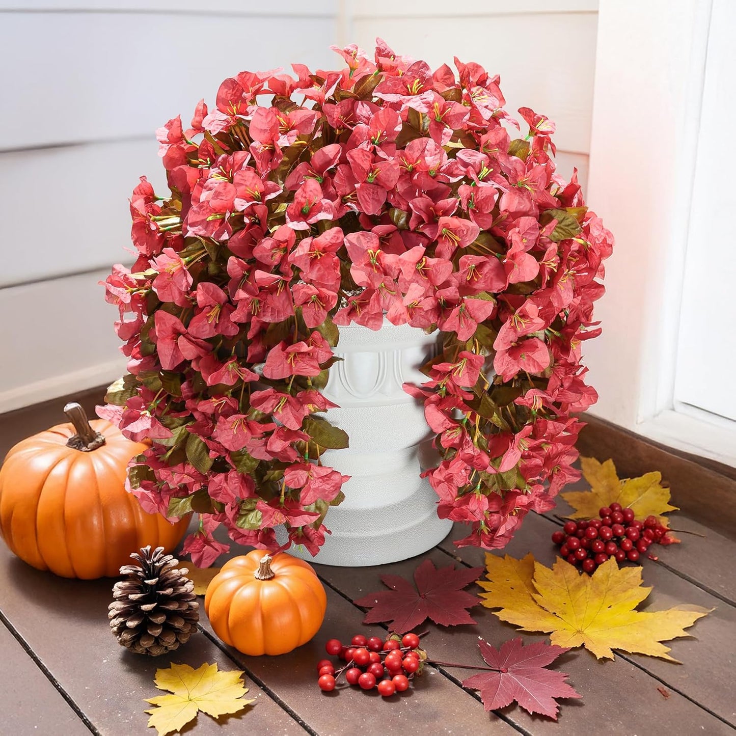 Bougainvillea Artificial Flowers Plants for Outdoors Outside Fall Autumn Decoration, 2 pcs Faux Silk Long Trailing Vines UV Resistant Look Real Red Fake Flowers for Front Door Porch Planter Urn Patio