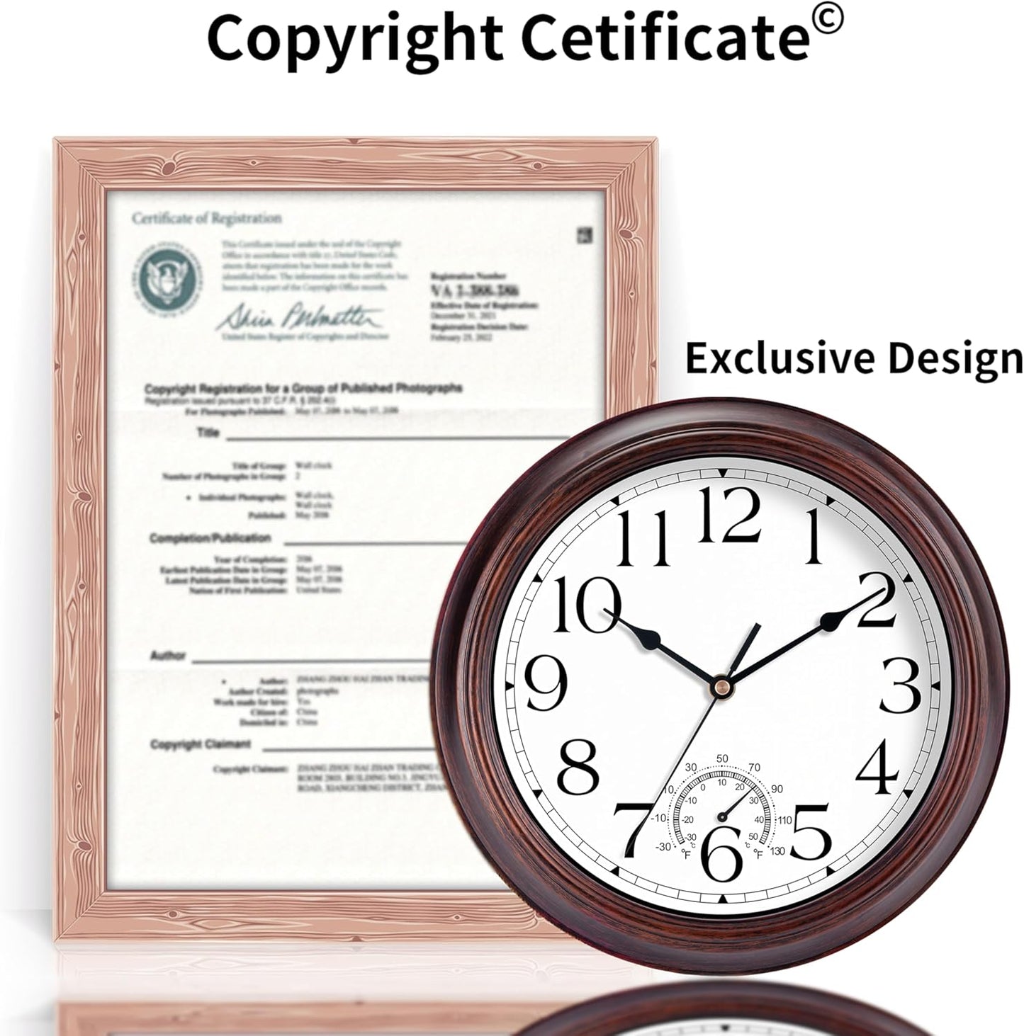 14 Inch Outdoor Wall Clock with Thermometers, Vintage Silent Wall Clocks Battery Operated, Retro Non-Ticking Clock Decorative for Living Room, Patio, Kitchen, Office, Bathroom, Bedroom(Bronze)