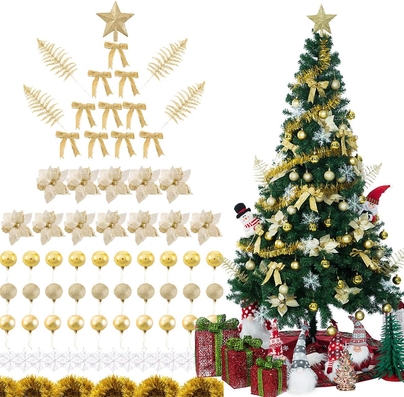 Sunnyglade 94 PCS Christmas Tree Ornaments Set with Glitter Poinsettia, Bows, Ribbons, Leaves & Assorted Decoration Ball for Xmas Tree Holiday Wedding Party Decorations (Golden)
