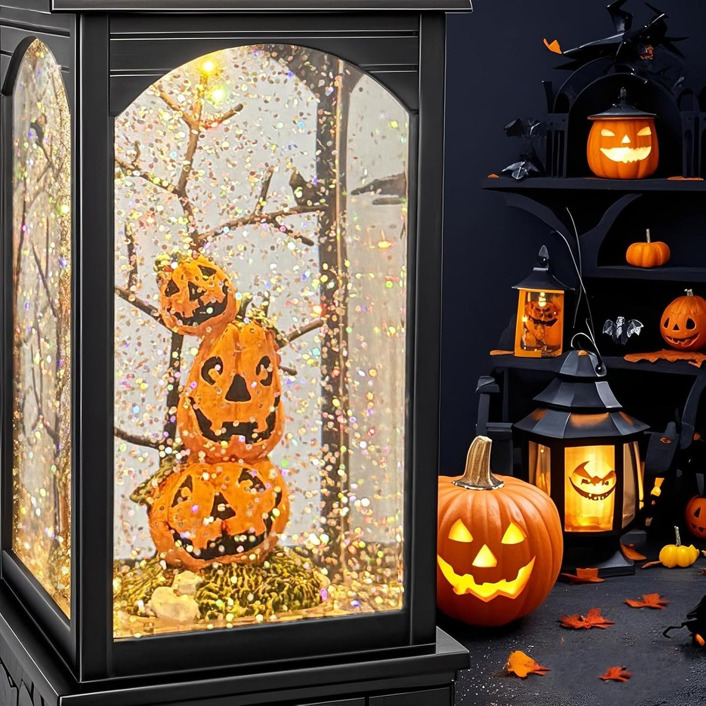 Halloween Snow Globe Lantern, Spooky Ghost Halloween Decor, Plug-in & Battery Operated Snow Globes for Halloween Decorations Indoor