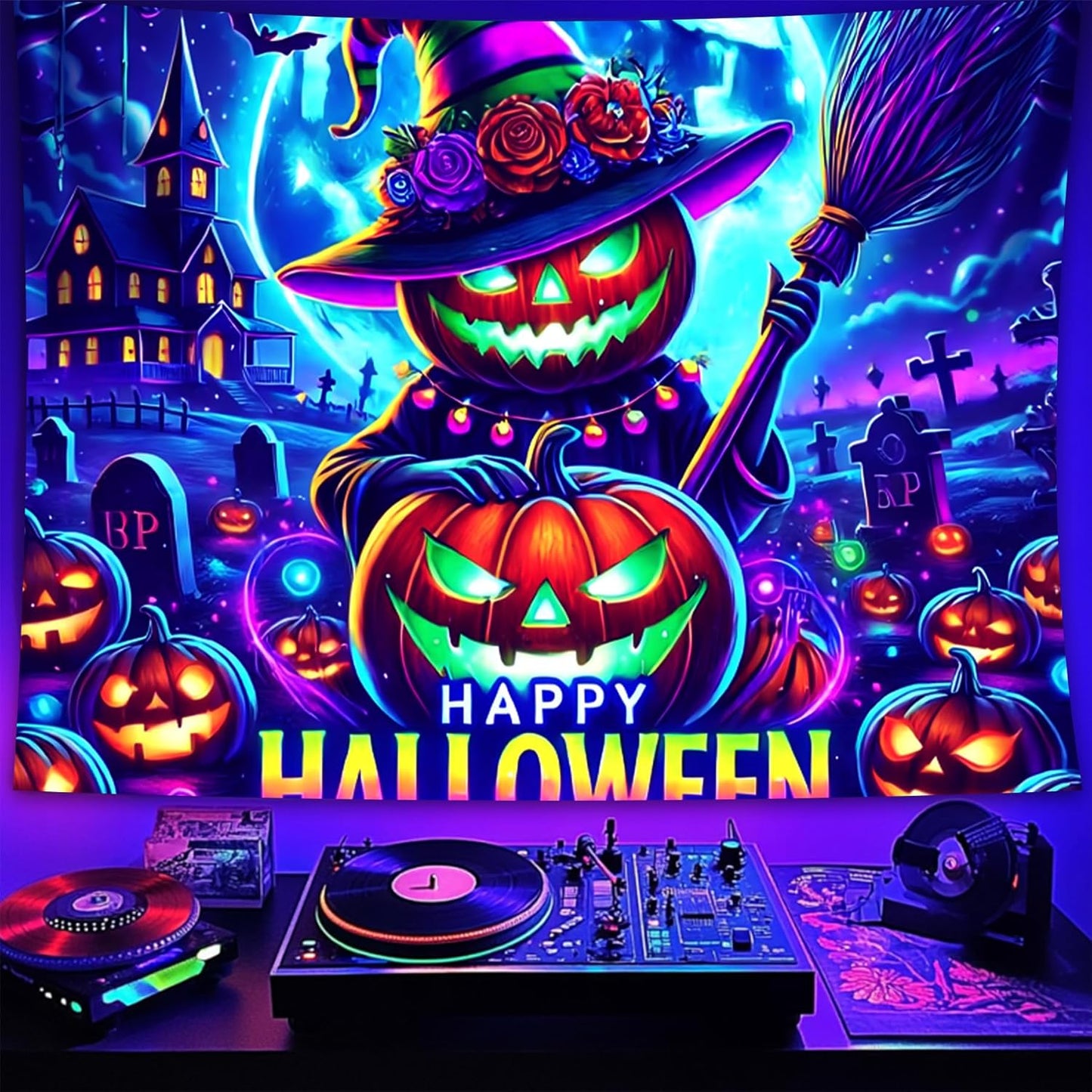 Halloween Tapestry, Blacklight Tapestry for Halloween Party Decor Hanging Tapestries Backdrop Wall Art Poster for Bedroom Dorm 90x70in