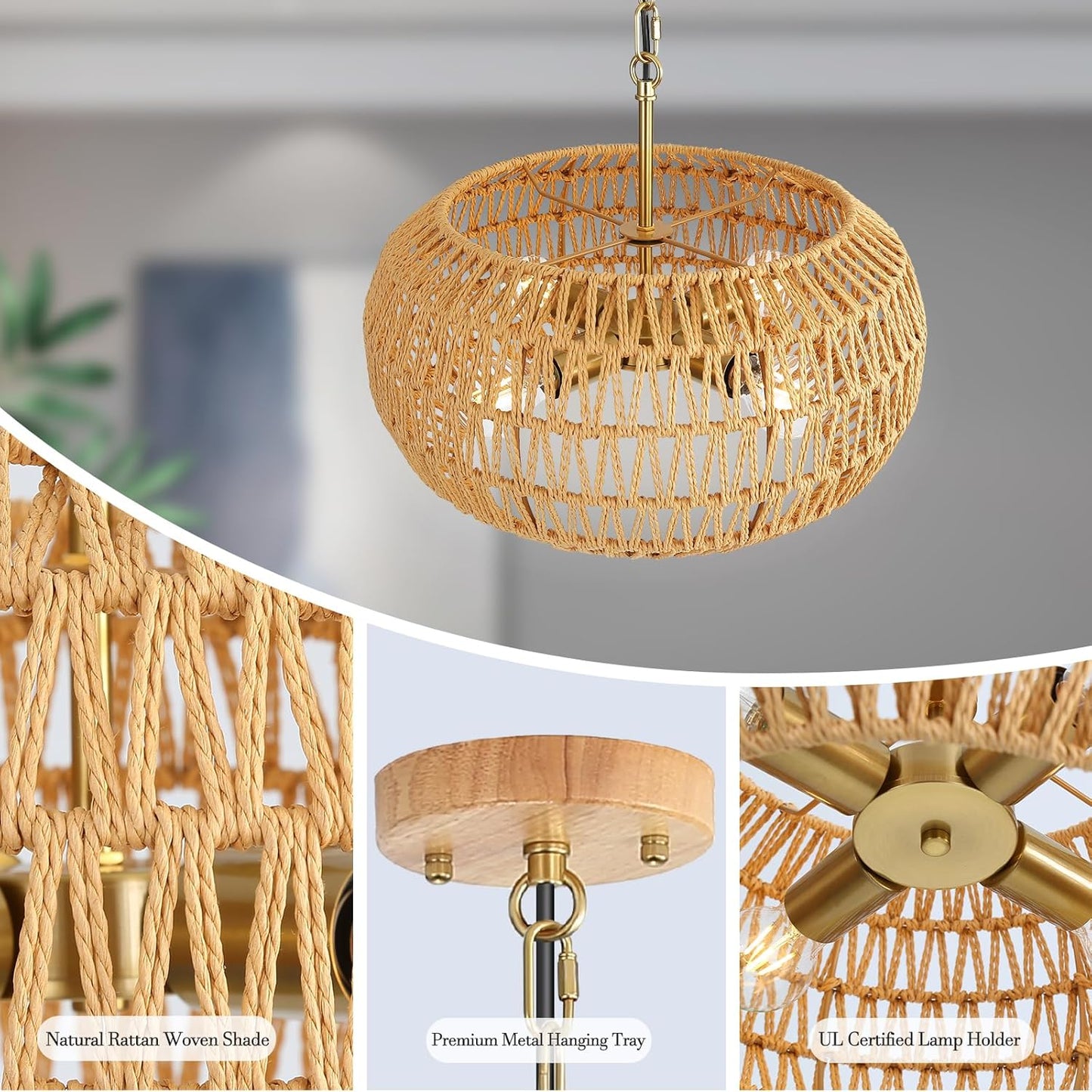 Rattan Pendant Light Kitchen Island,Farmhouse Chandelier for Dining Room Light Fixture Over Table,Ceiling Hanging Light Fixture with Wicker Lamp Shade for Bedroom Hallway Living Room