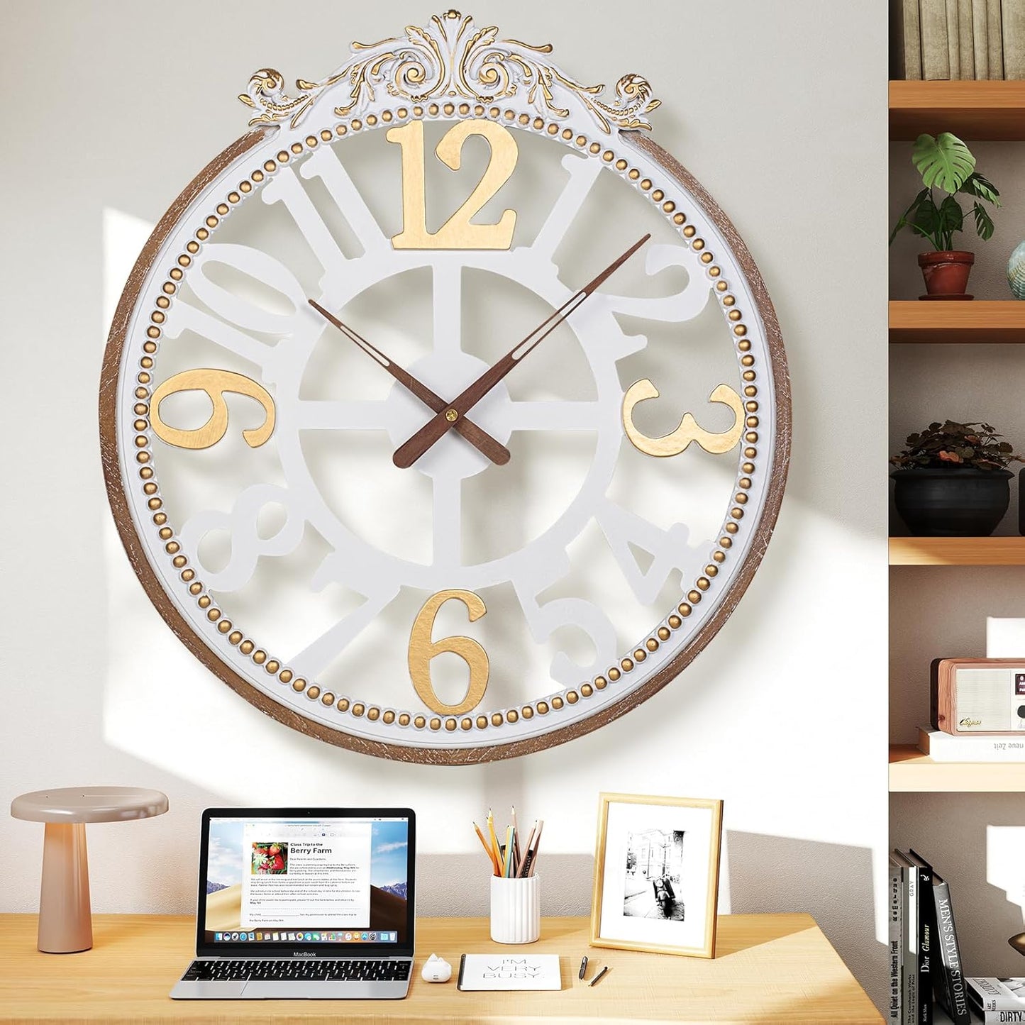 Wall Clock Farmhouse -Large 24 Inch Round Wall Clock for Living Room Decor,Rustic Wooden Big Hanging Clock with Decorative Engraved Numerals, Silent Battery Operated for Kitchen Bedroom Living Room